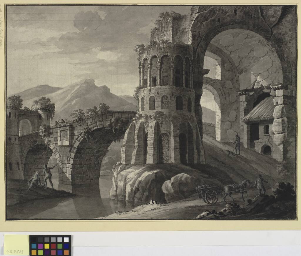 Arkitekturfantasi. Bjerglandskab med antik bro i ruiner. På hver side af broen middelalderlige brotårne, Robert Adam, 1777
