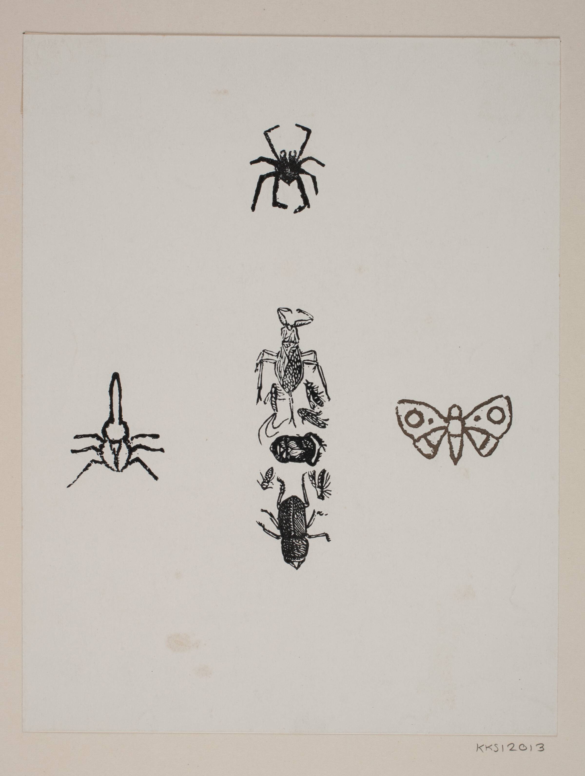 Blad med sommerfugl, tæge, skarnbasse og andre insekter, Joakim Skovgaard, 1865-1870