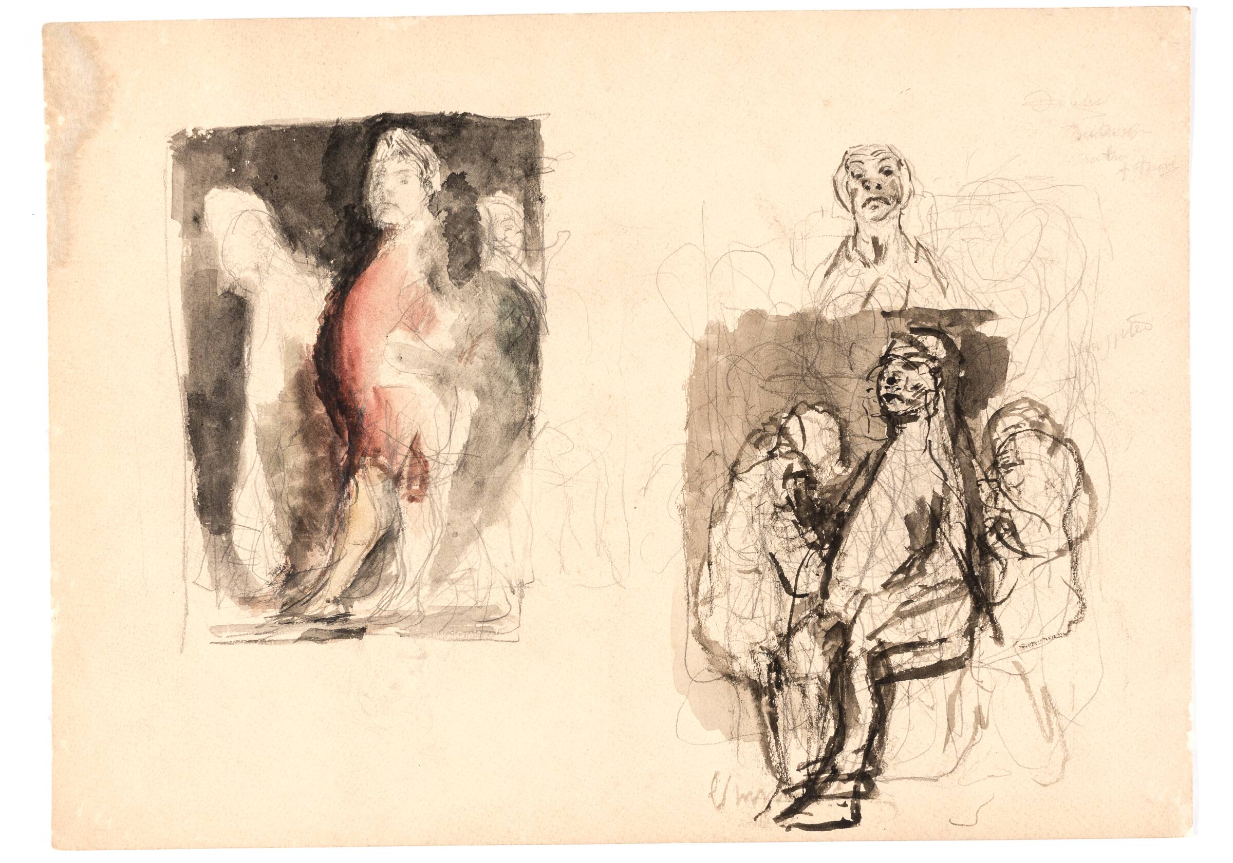 Forskellige skitser, bl.a. farvelagt skitse til "Diogenes", Oluf Hartmann, 1879-1910