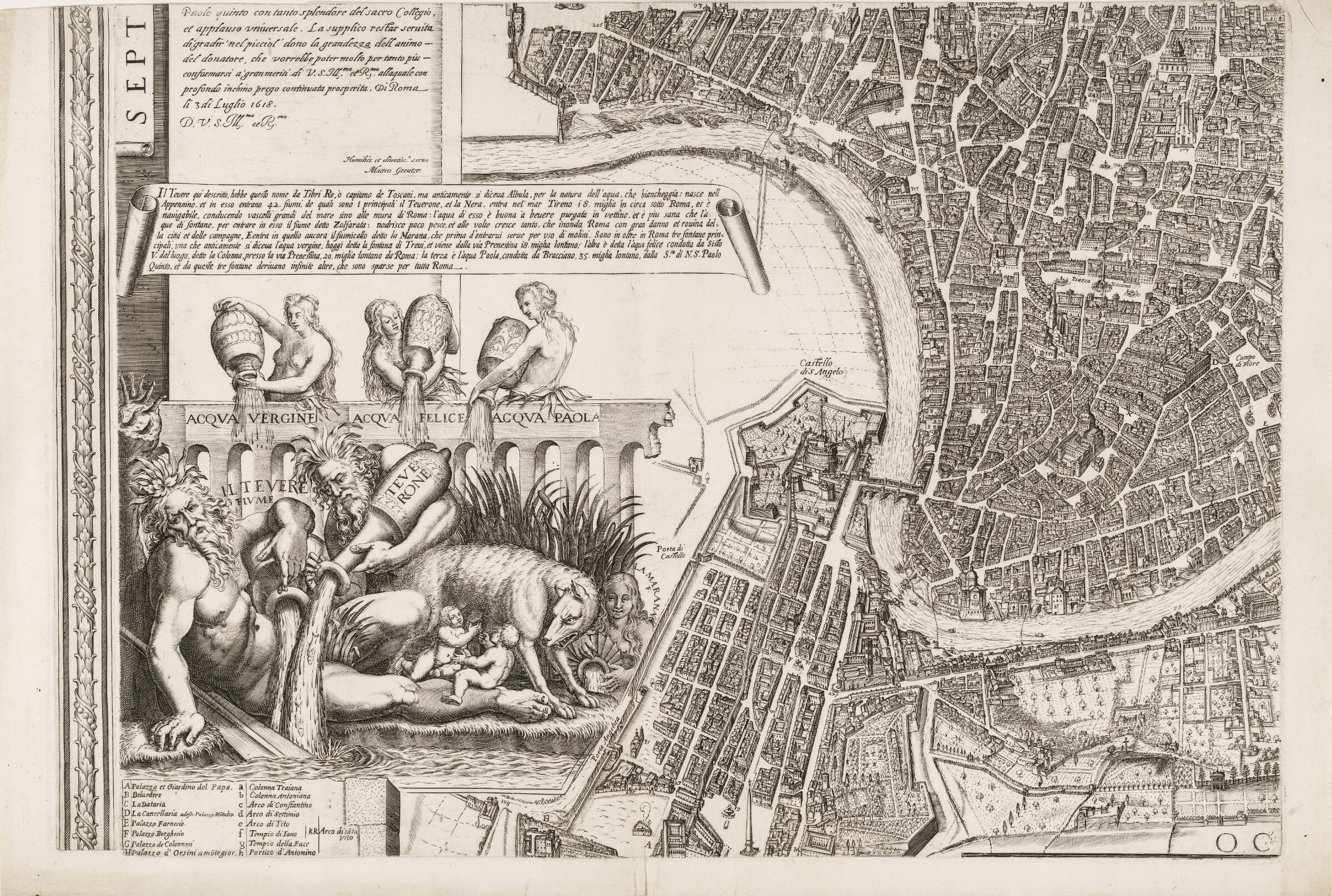 Kort over Rom med de syv pilgrimskirker. Nederste venstre del, Matthäus Greuter, 1618