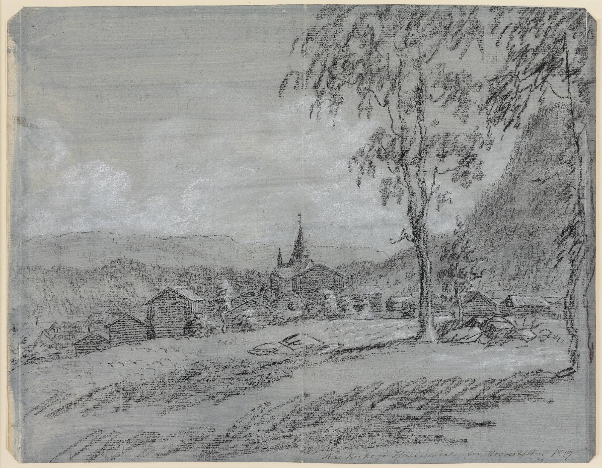 Næs Kirke i Hallingdal, set fra nordvest, Johannes Flintoe, 1819