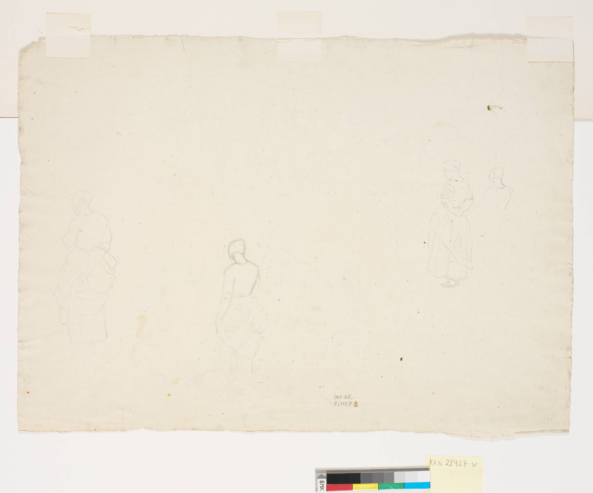 Fire studier til den stående pige på maleriet: "Vaskekoner ved Bondedammen i Hellebæk", P.C. Skovgaard, 1838