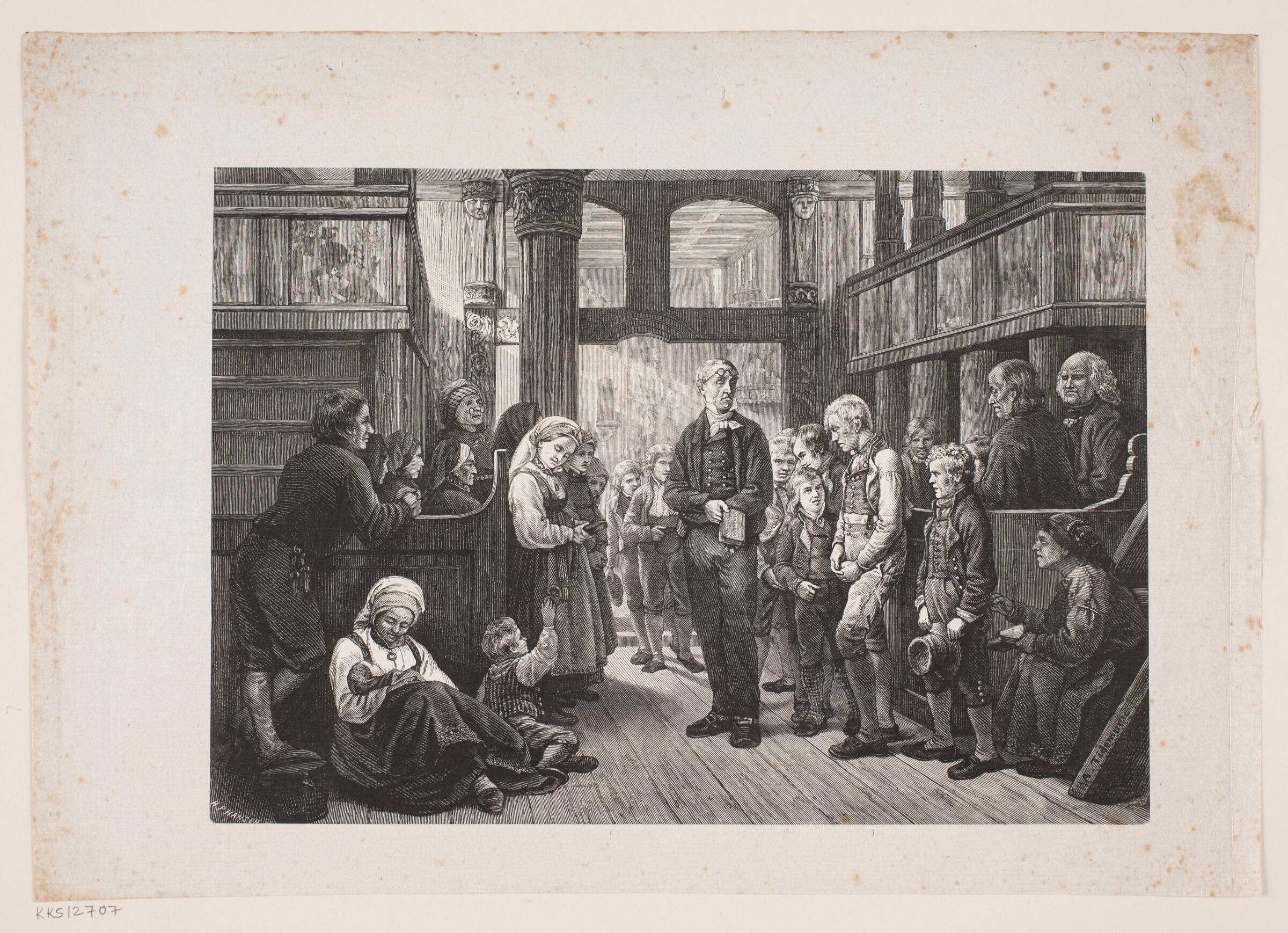 Katekisation i en norsk Landsbykirke, H.P. Hansen, 1829-1899