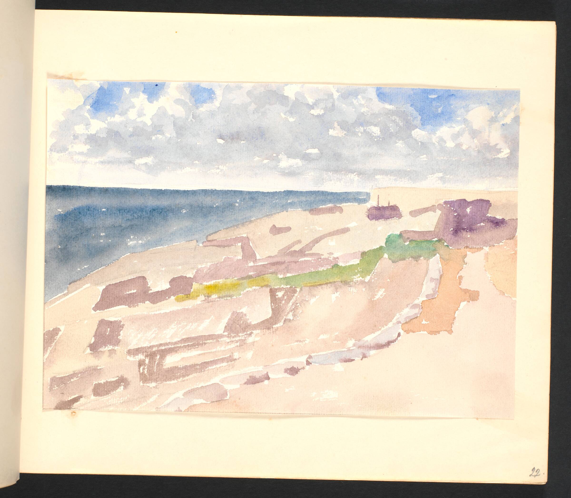 Klipper ved havet, i baggrunden en bastion, Johannes Frederiksen, 1944