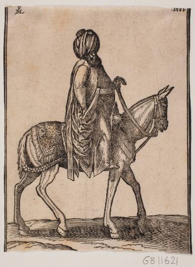 Ubevæbnet, velnæret, ældre rytter med turban; profil t.h.
