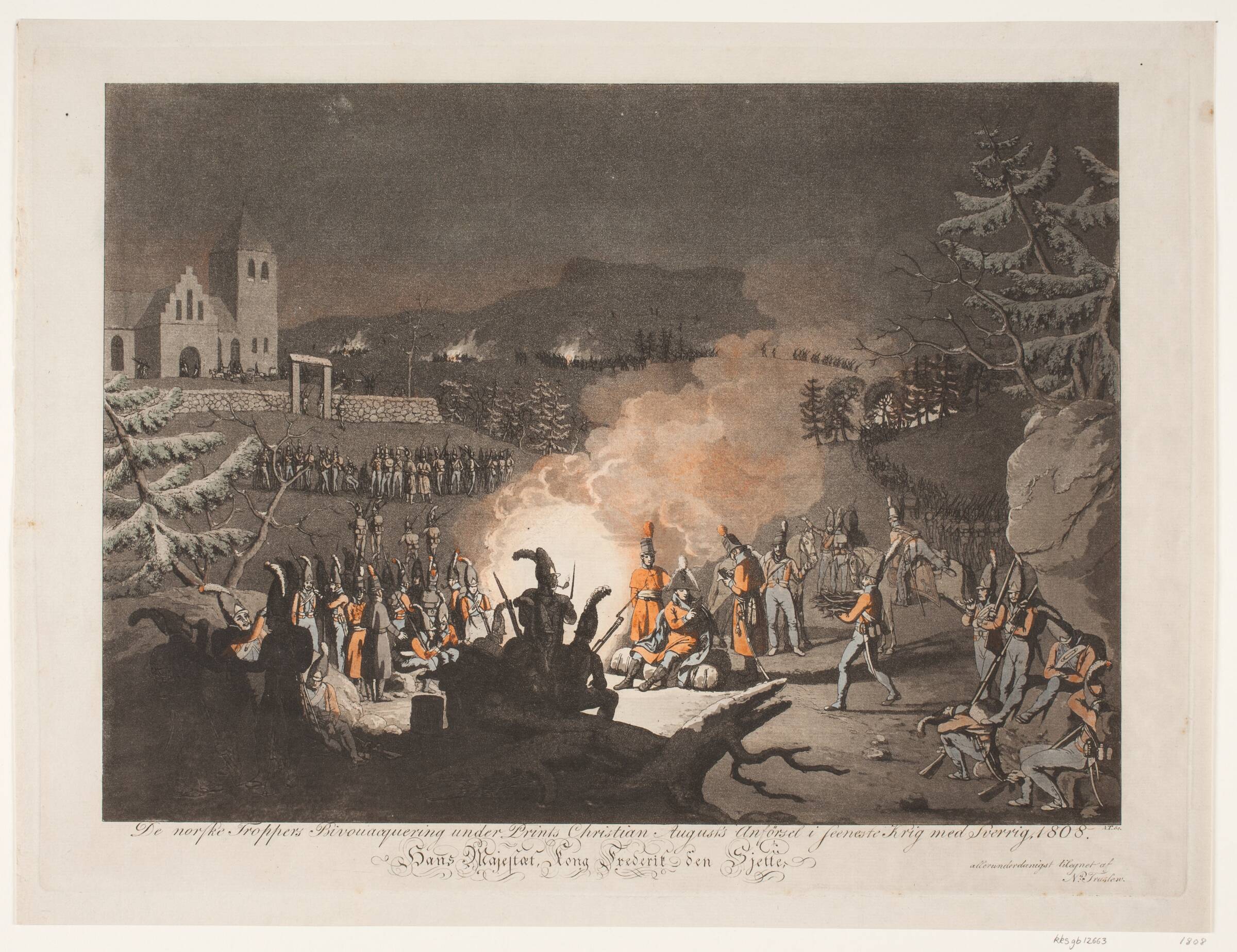 De norske troppers bivouacquering under prints Christian Augusts anförsel i seeneste krig med Sverrig, 1808, Niels Truslew, 1808-1907