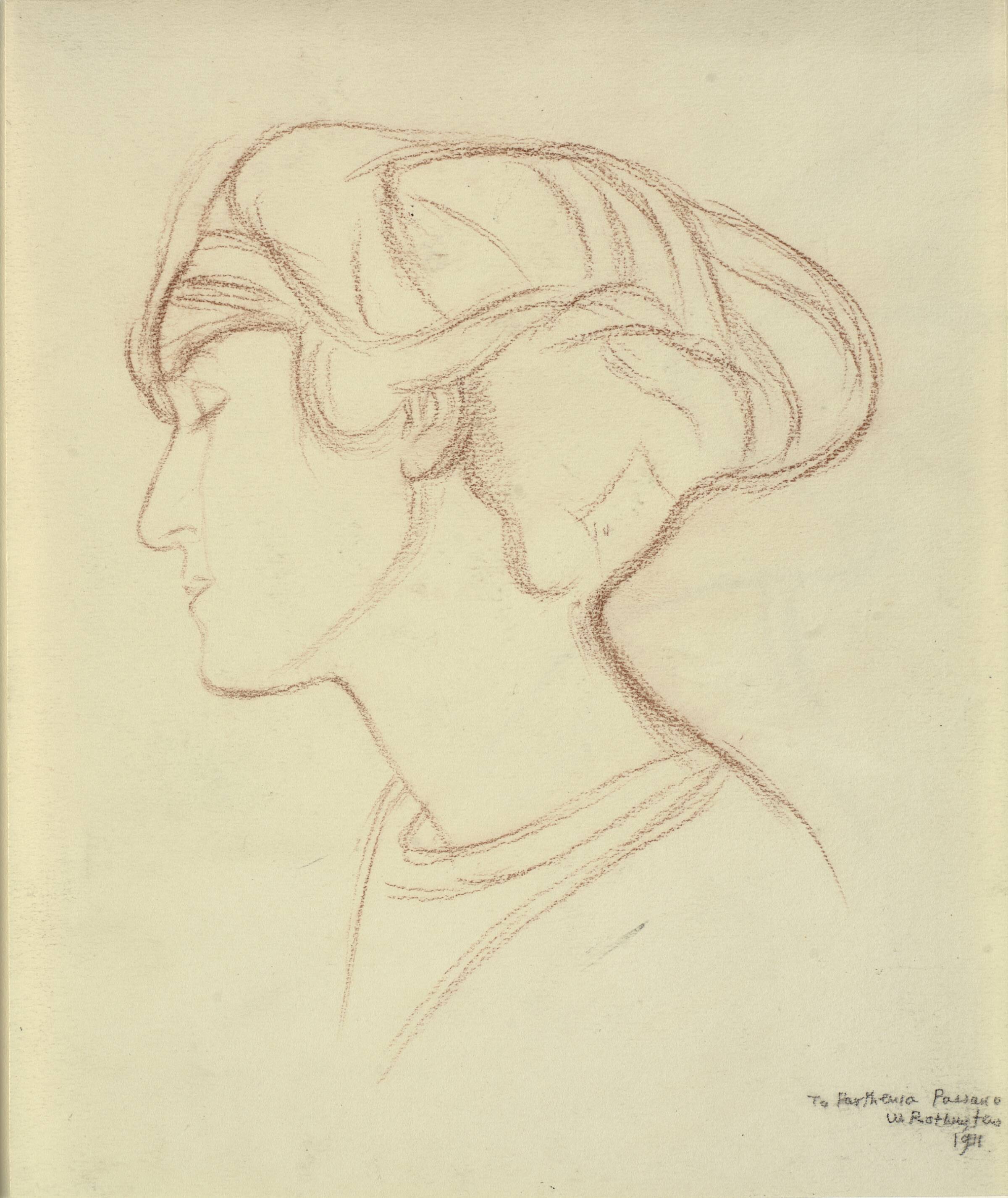 Kvindehoved (Parthenia Passano?) i profil mod venstre, William Rothenstein, 1911