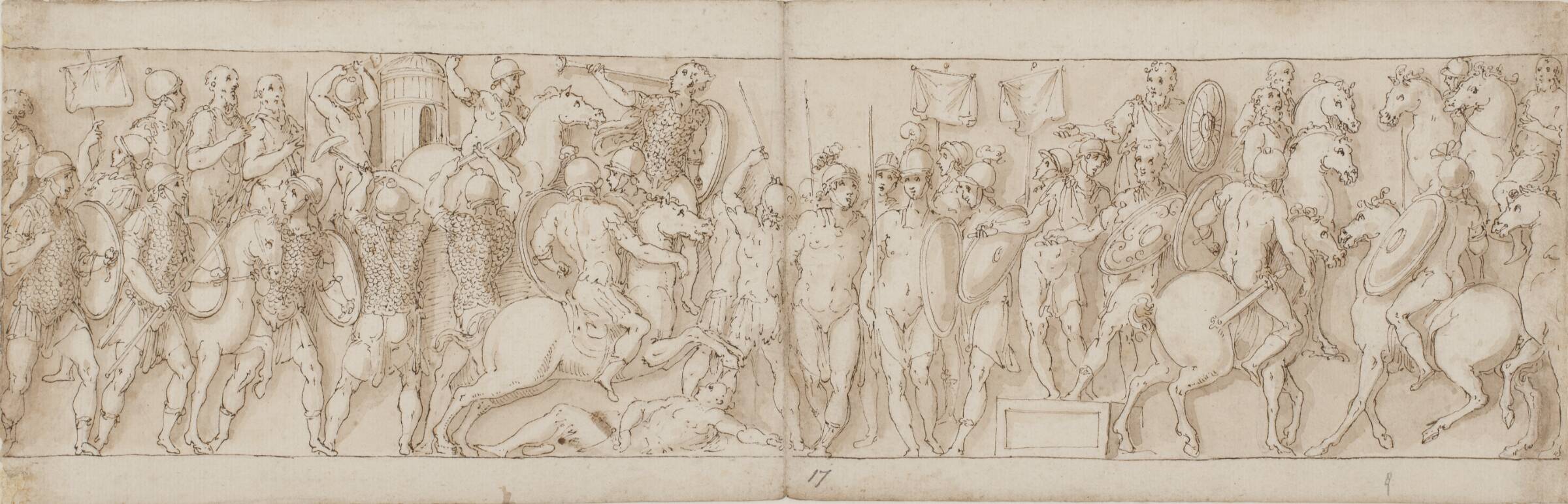 En sarmatisk landsby ødelægges for øjnene af kejseren; barbarer ser til fra et podium; Marcus Aurelius til hest modtager en germansk budbringer til hest, Джованни Гуэрра, 1544-1618