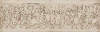 En sarmatisk landsby ødelægges for øjnene af kejseren; barbarer ser til fra et podium; Marcus Aurelius til hest modtager en germansk budbringer til hest