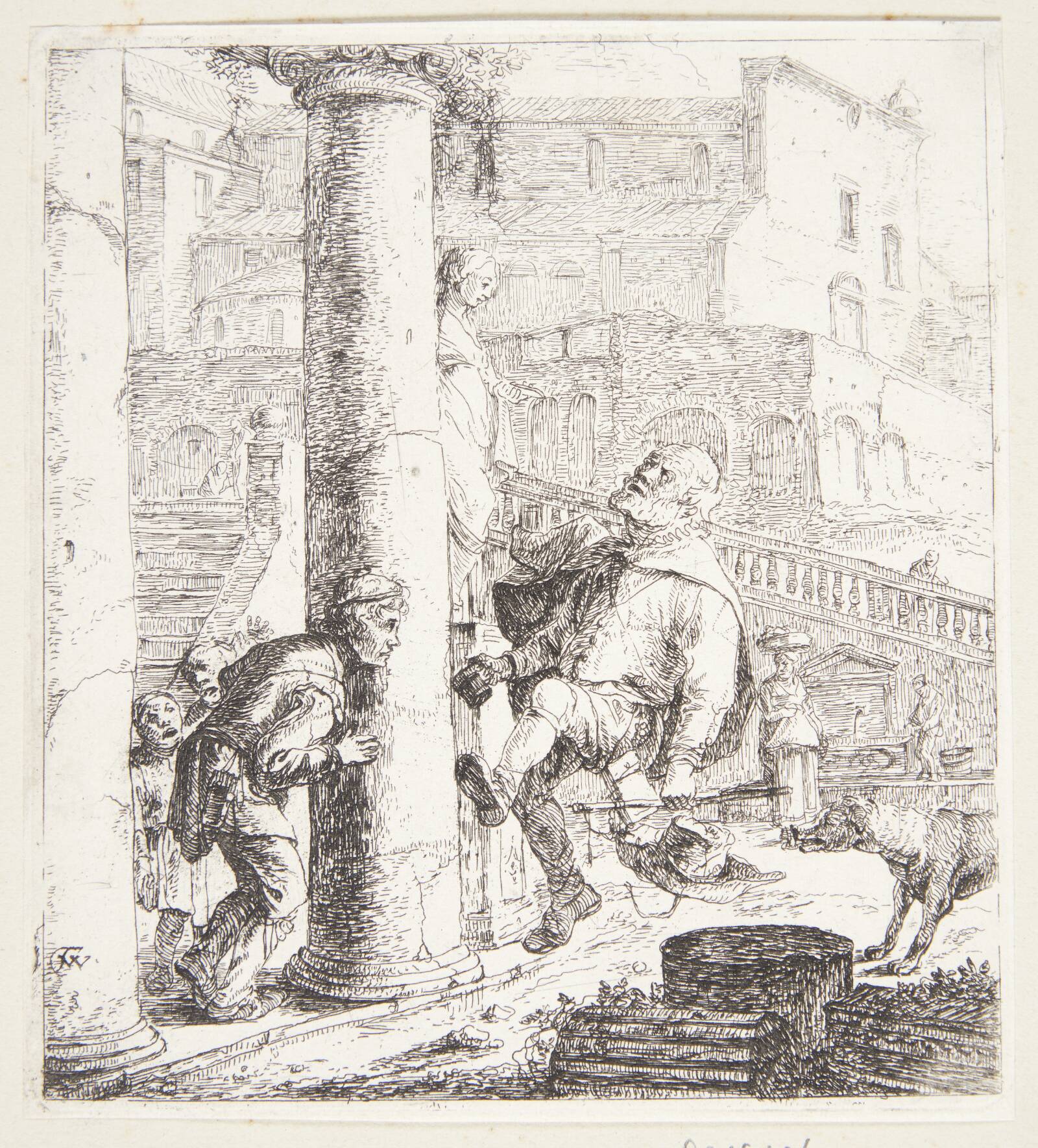 Blind tigger, som støder ind i en søjle, Thomas Wijck, 1616-1676
