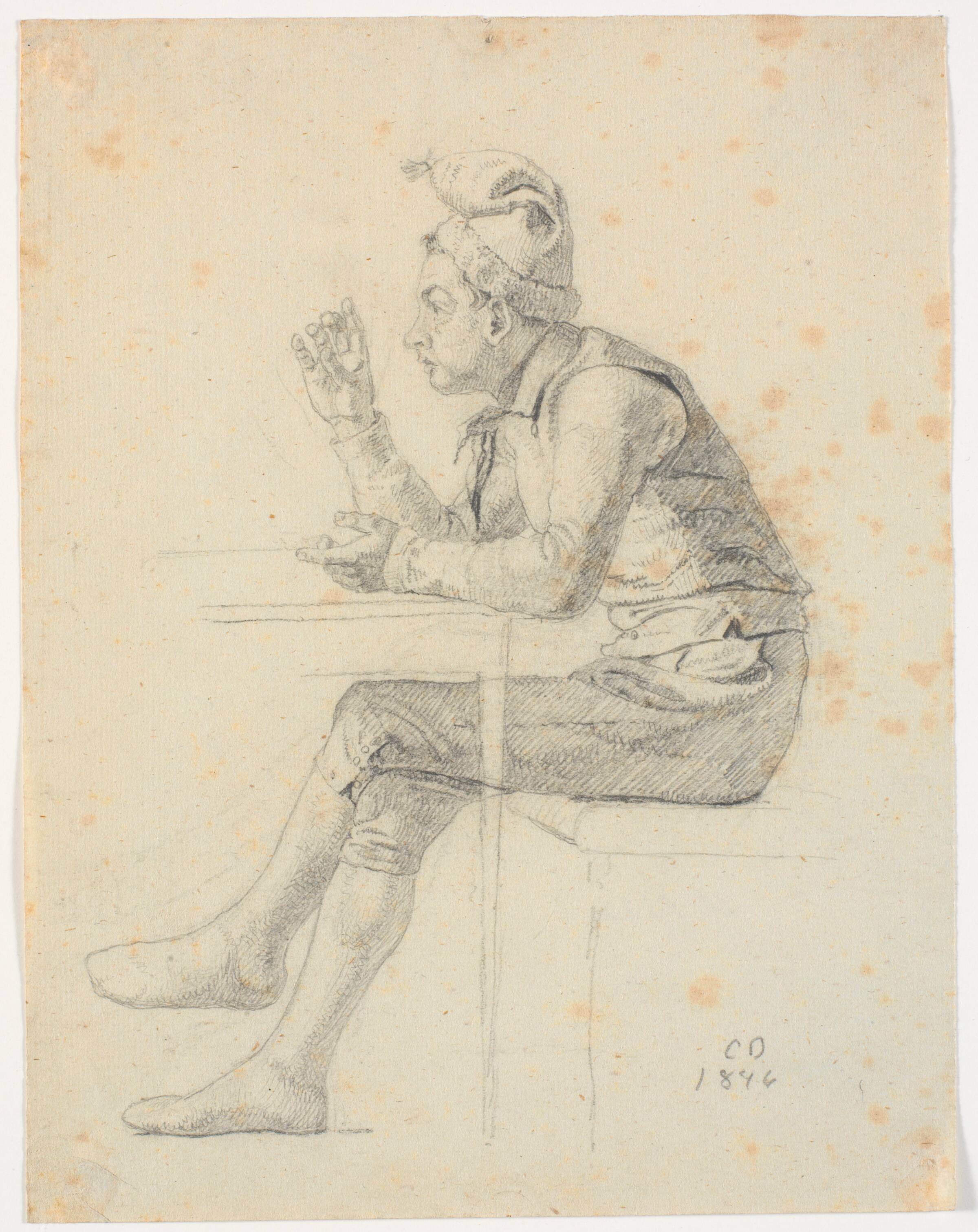 Bondedreng med tophue ved et bord, Christen Dalsgaard, 1846