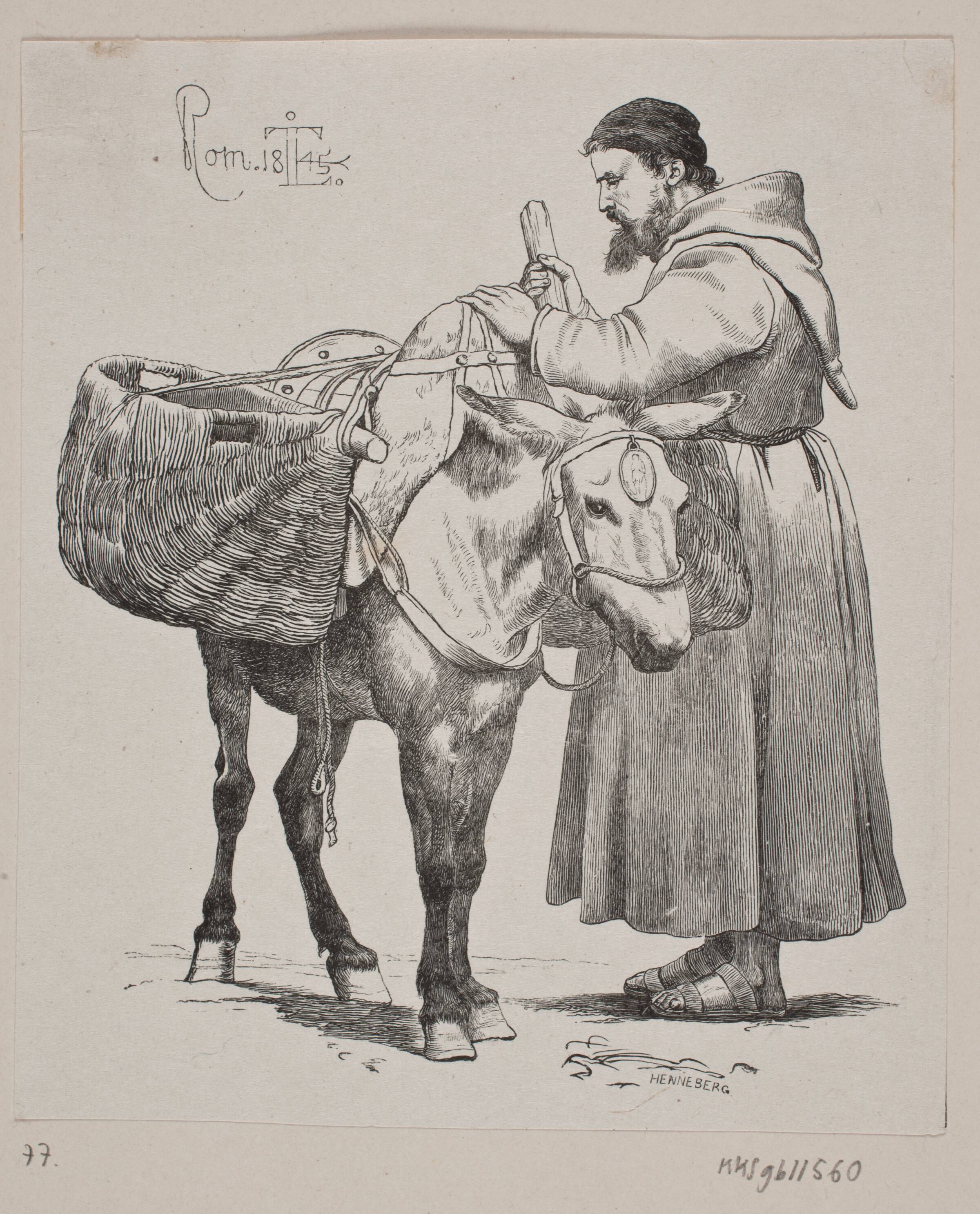 En tiggermunk med sit pakæsel, H.C. Henneberg, 1845