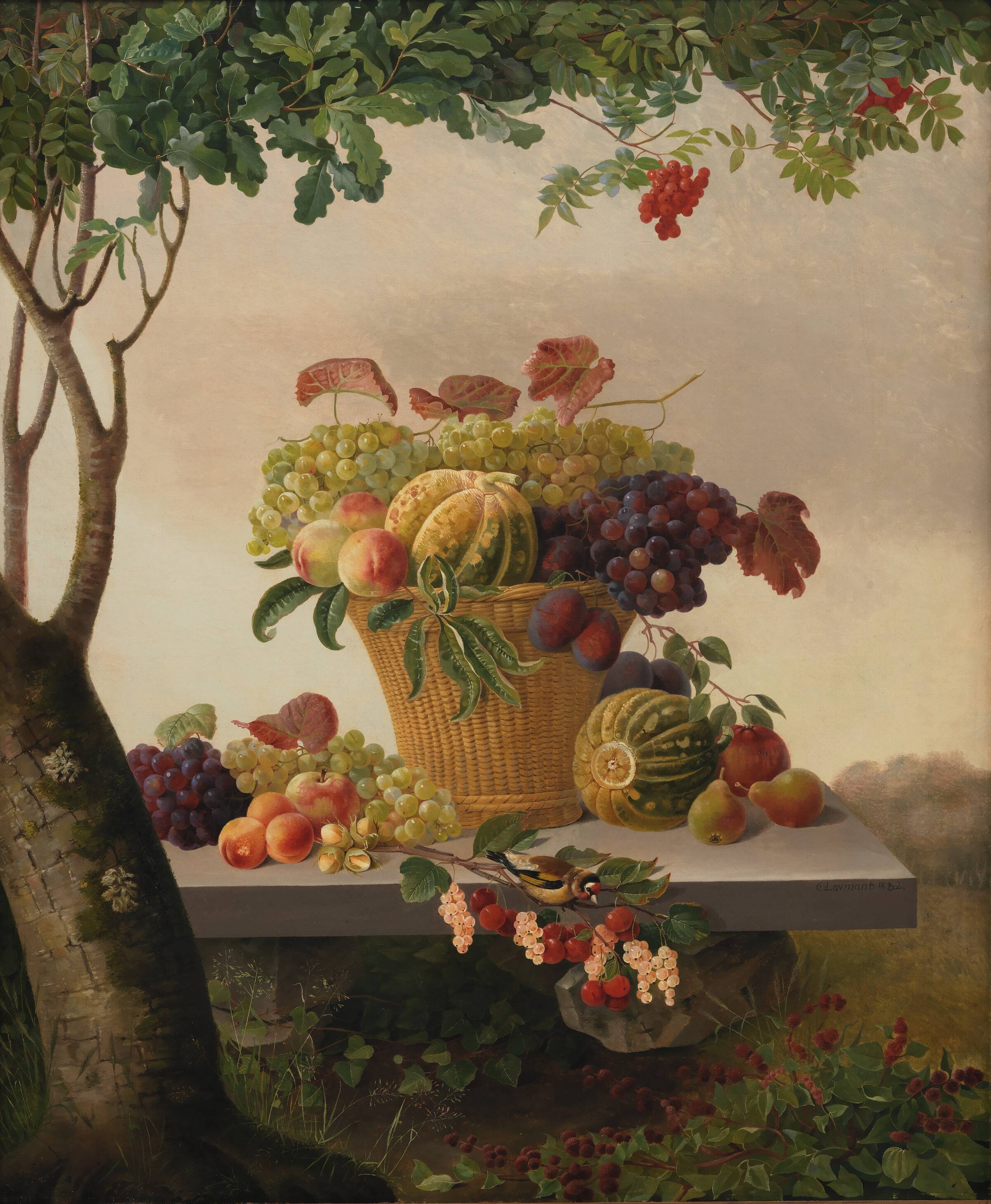 En kurv med frugter i et landskab, Christine Løvmand, 1832