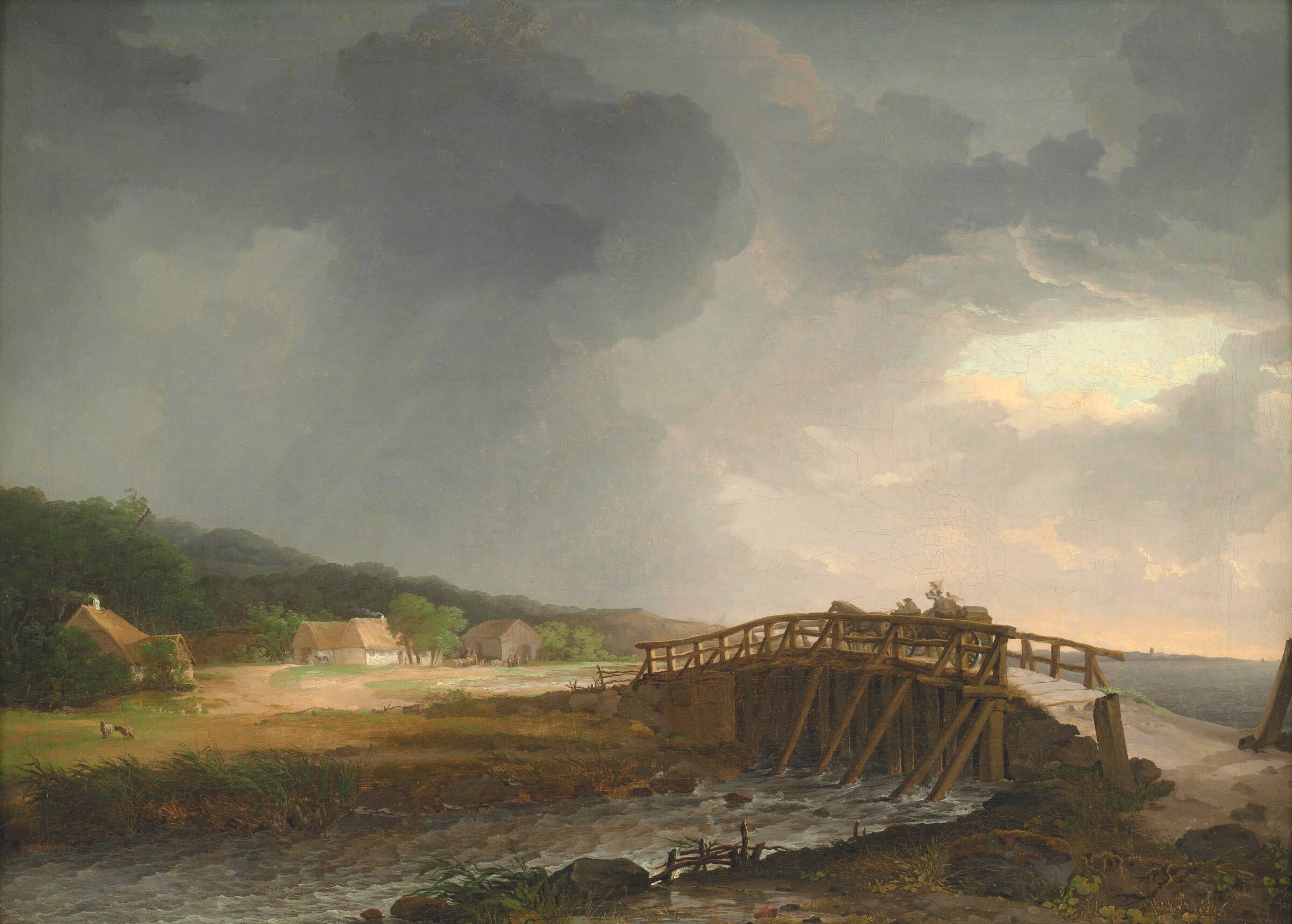 Broen over Tryggevælde å med udsigt til Køge, J.C. Dahl, 1813-1816