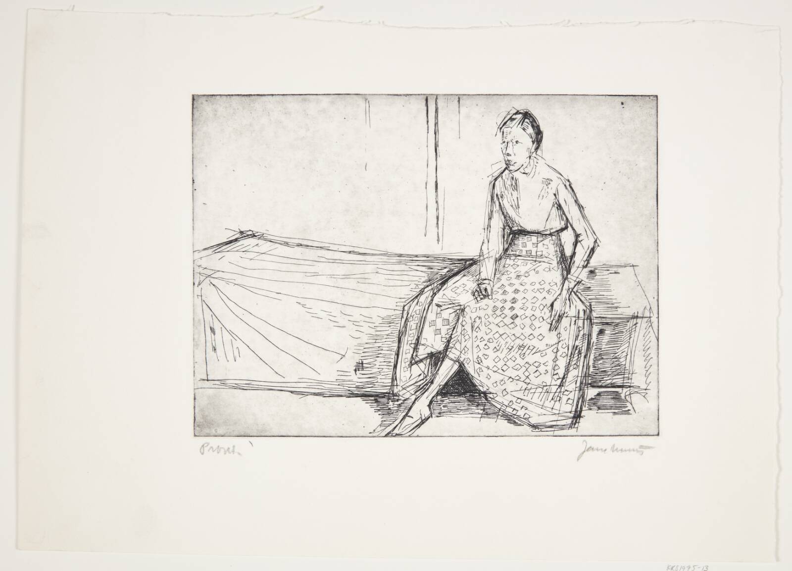 Interiør med siddende kvinde på divan, Jane Muus, 1920-1975