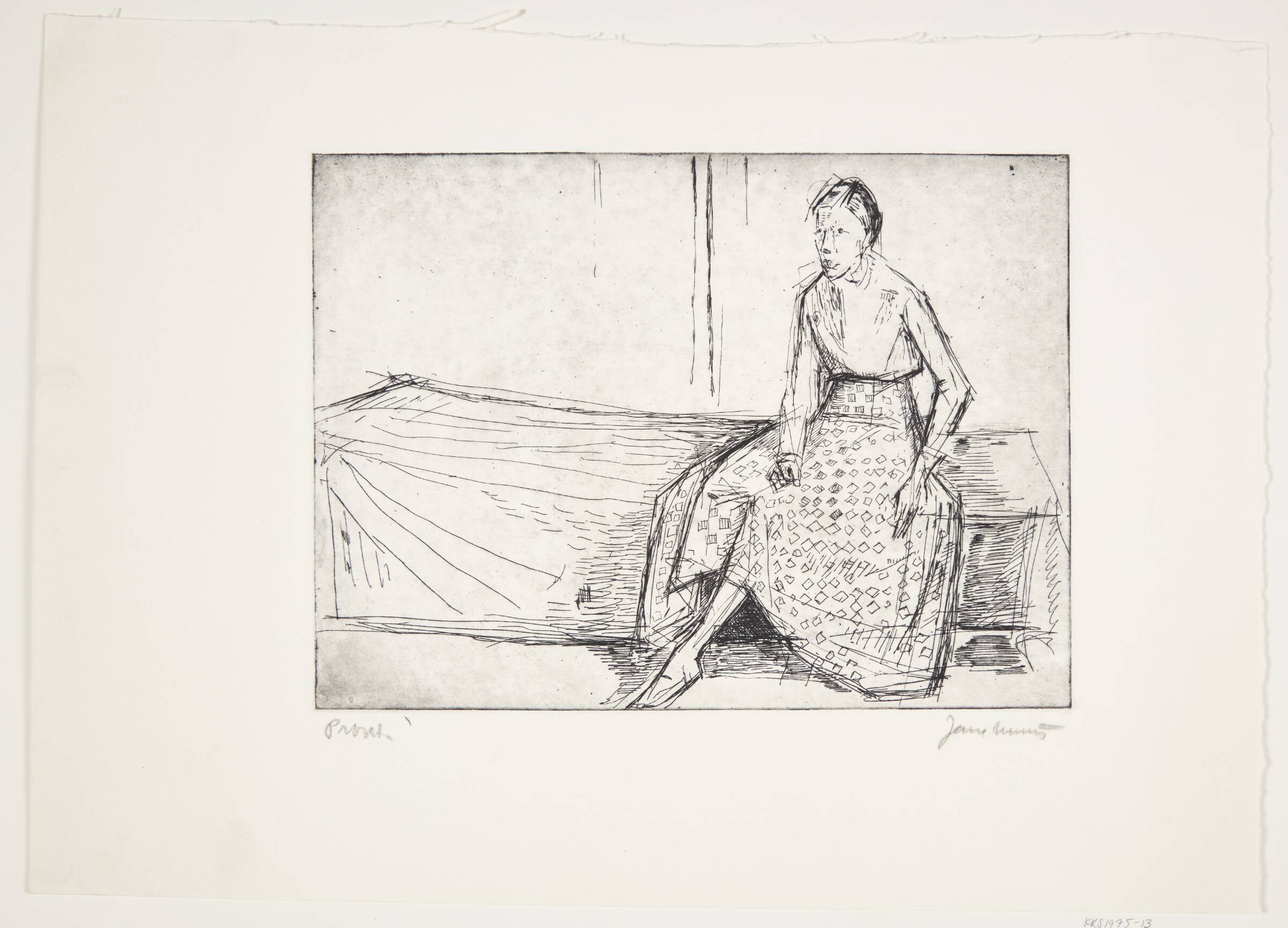 Interiør med siddende kvinde på divan, Jane Muus, 1920-1975