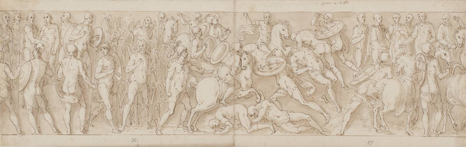 German fugitives surrender to the emperor (XLV); the Romans launch a successful attack (from the middle of L); Marcus Aurelius receives a foreign chief (LI), by Giovanni Guerra, 1544-1618