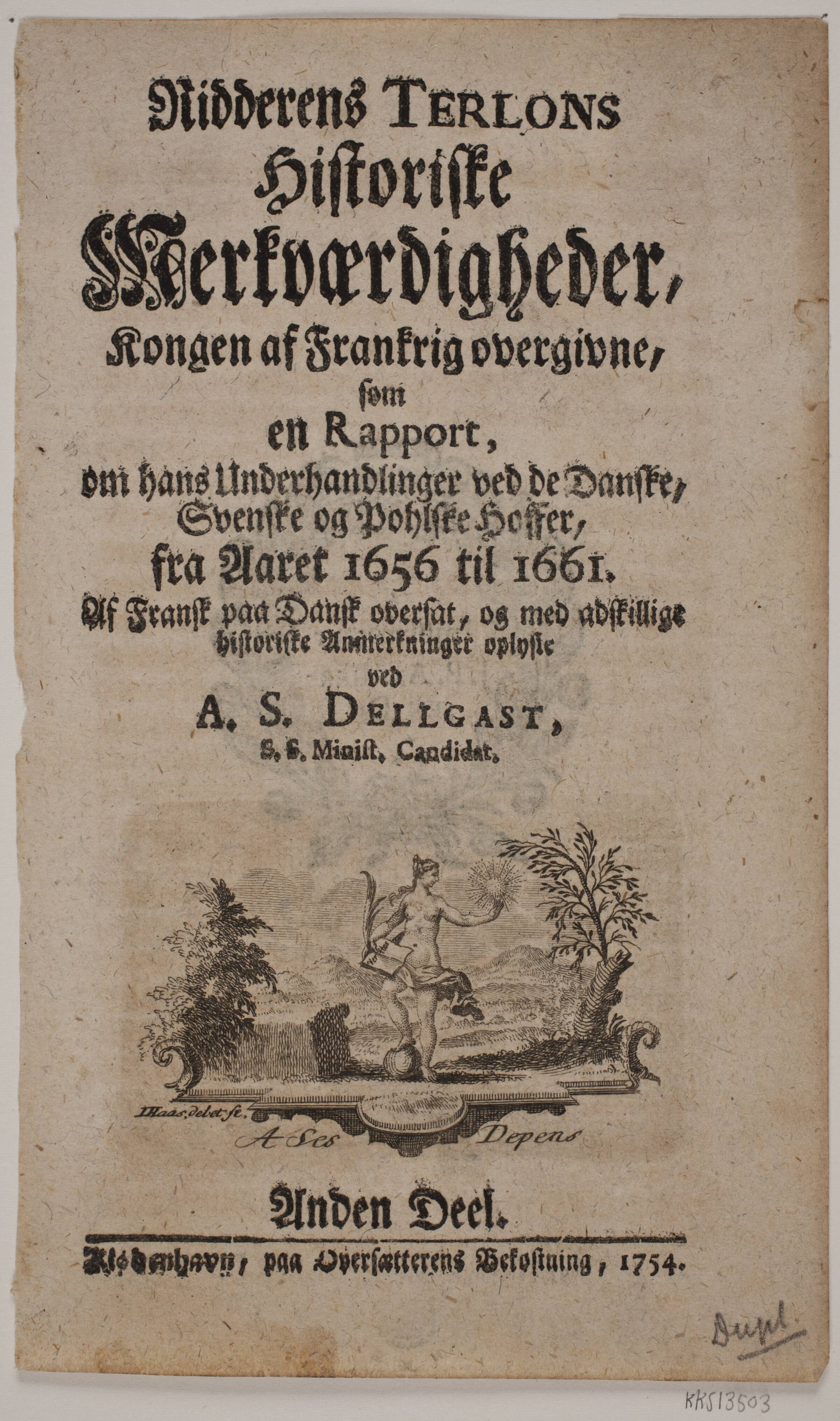 Titelblad til "Terlons historiske mærkværdigheder", 2. del, Jonas Haas, 1752-1756