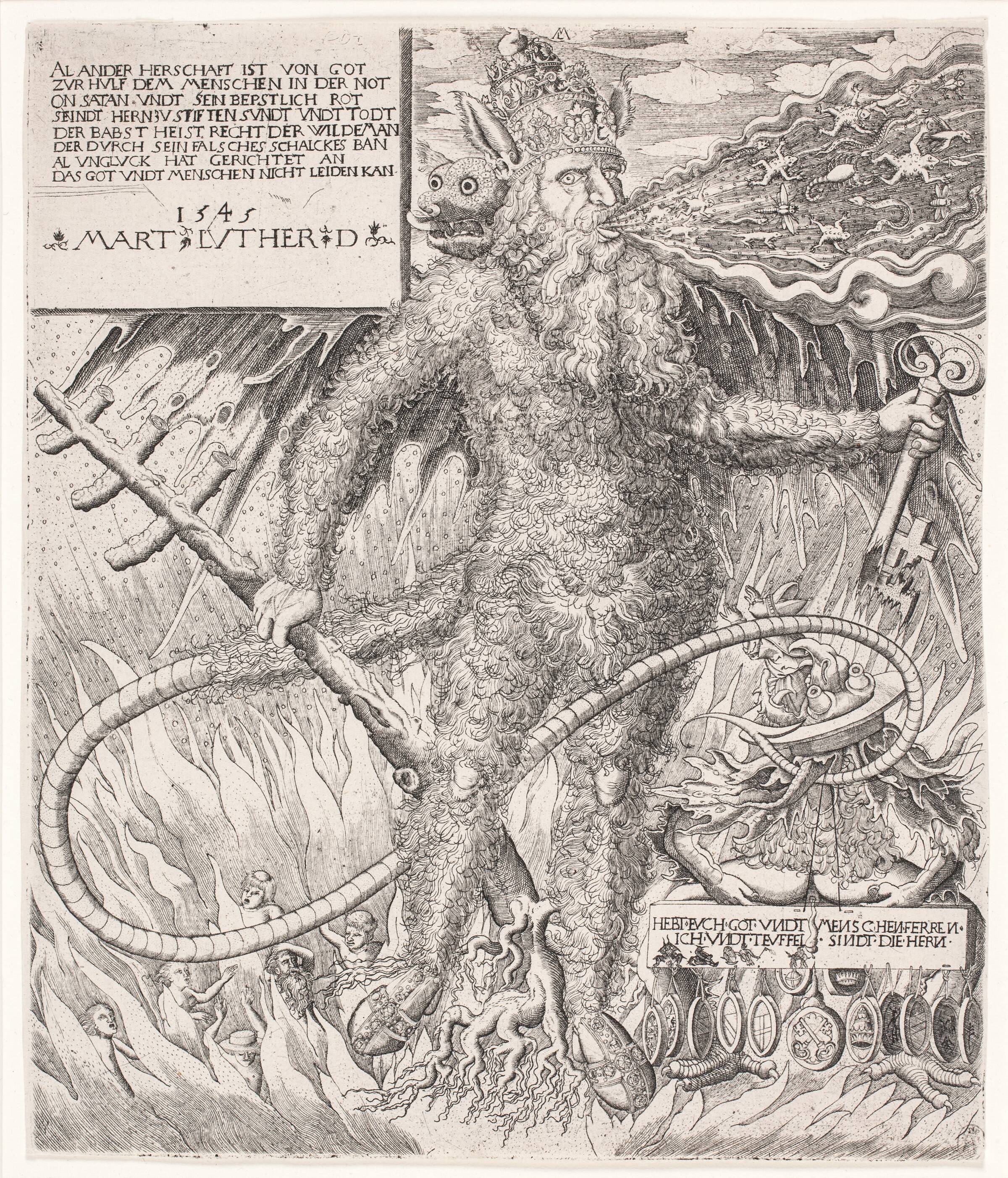 Paven som vildmand. Spottebillede, Melchior Lorck, 1545