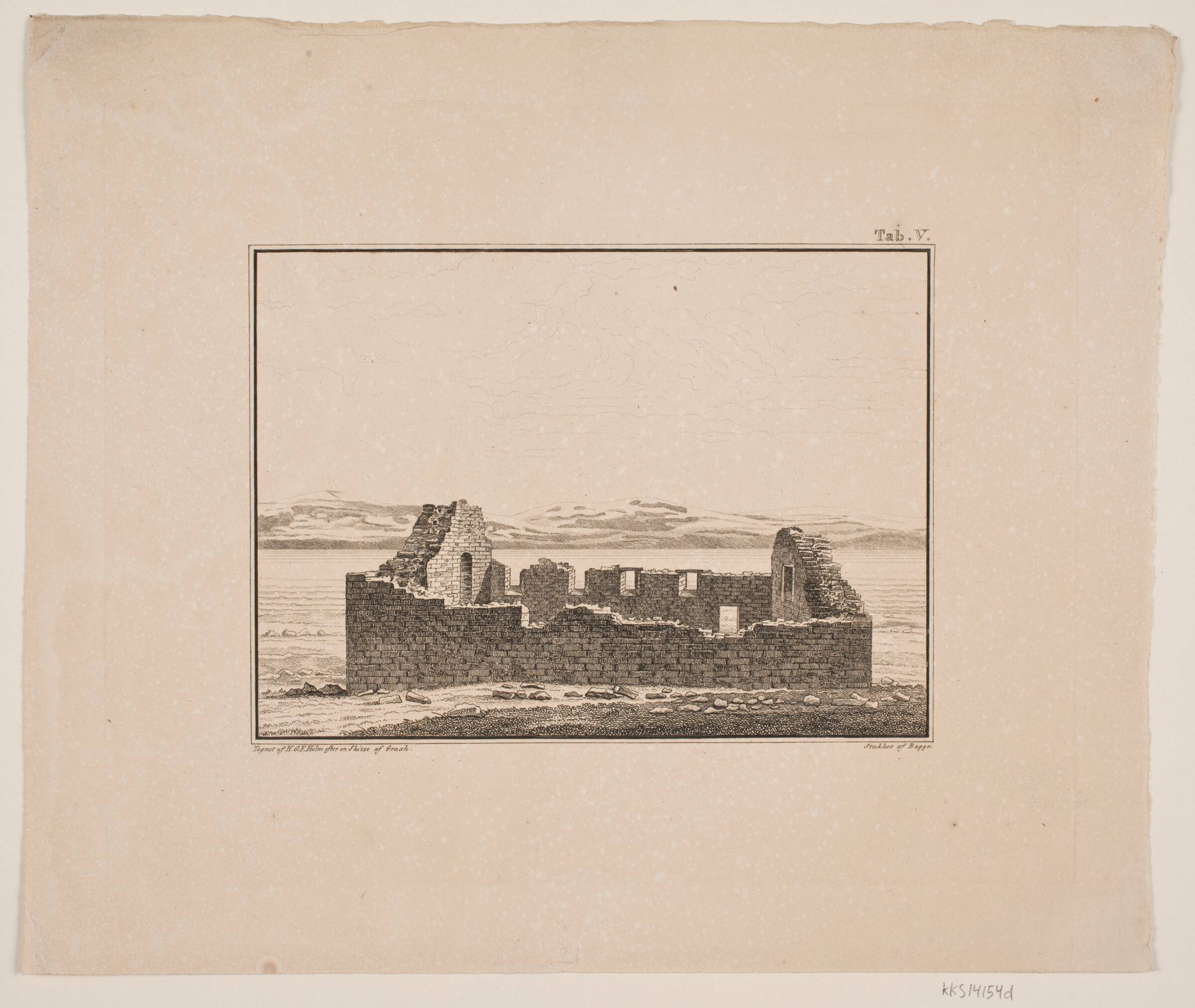 Kirkeruin på Grønland. Illustration til W.A. Graah. Undersøgelsesrejse til østkysten af Grønland, Oluf Olufsen Bagge, 1832