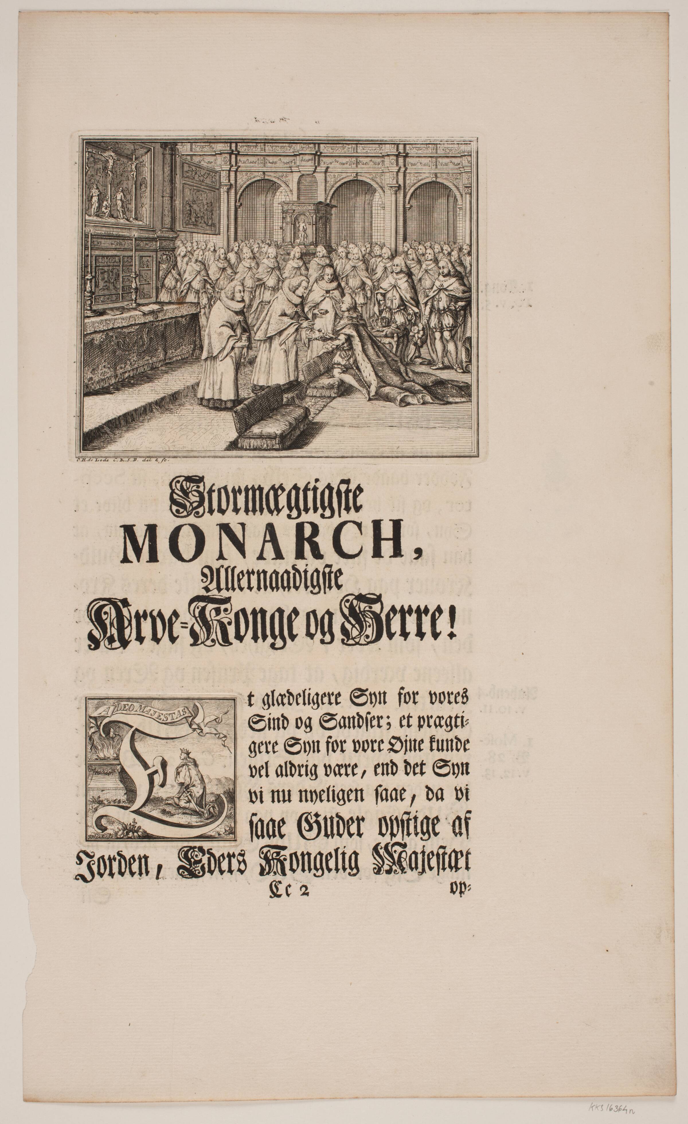 Biskop Hersleb salver Kong Frederik V i Frederiksborg Slotskirke. Illustration og Vignet til Frederik d. IV's salvingsakt, Odvardt Helmoldt de Lode, 1749