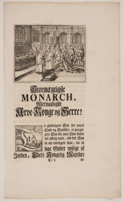 Biskop Hersleb salver Kong Frederik V i Frederiksborg Slotskirke. Illustration og Vignet til Frederik d. IV's salvingsakt