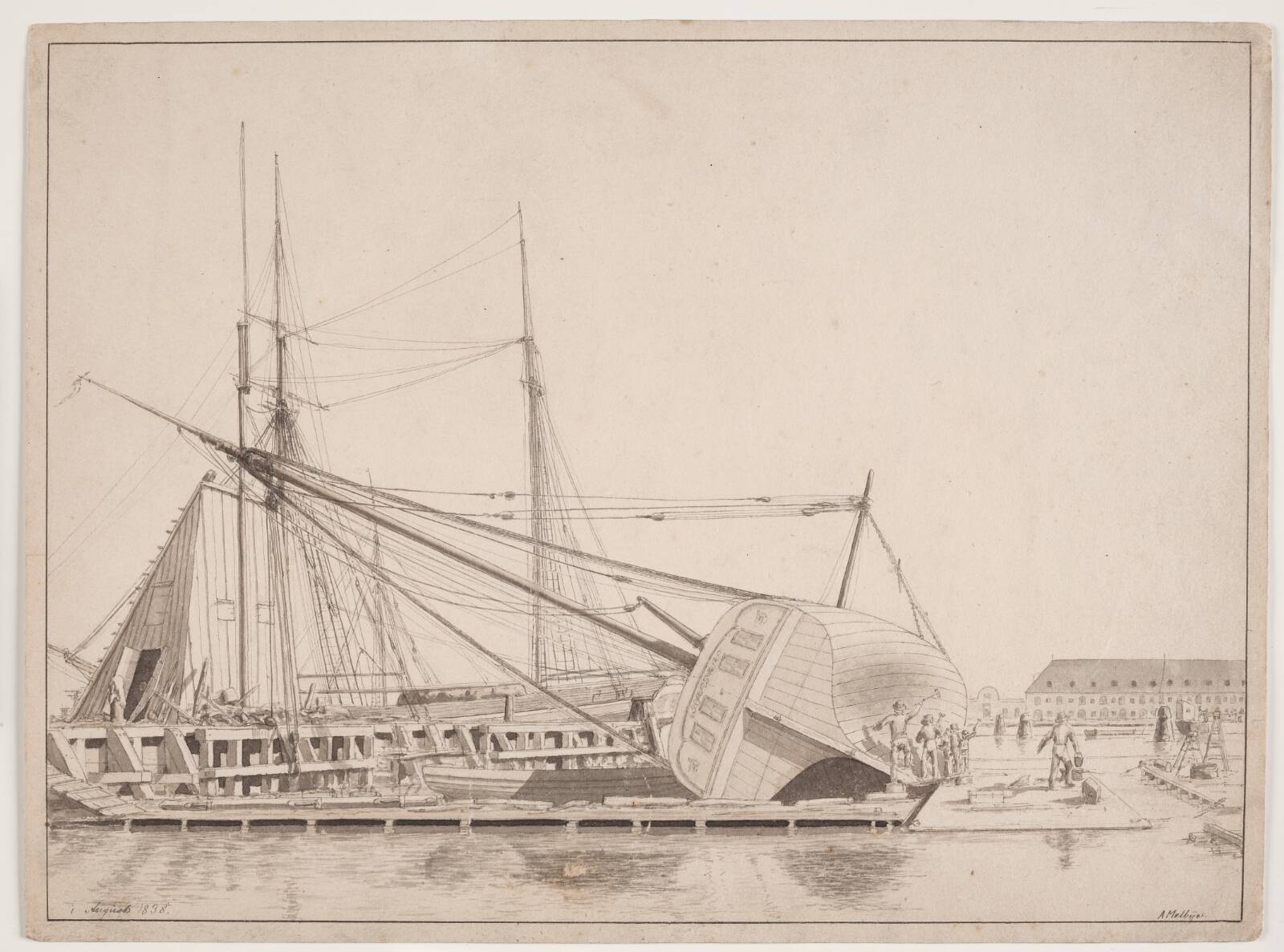 Værftsscene. Københavns havn, Anton Melbye, 1838