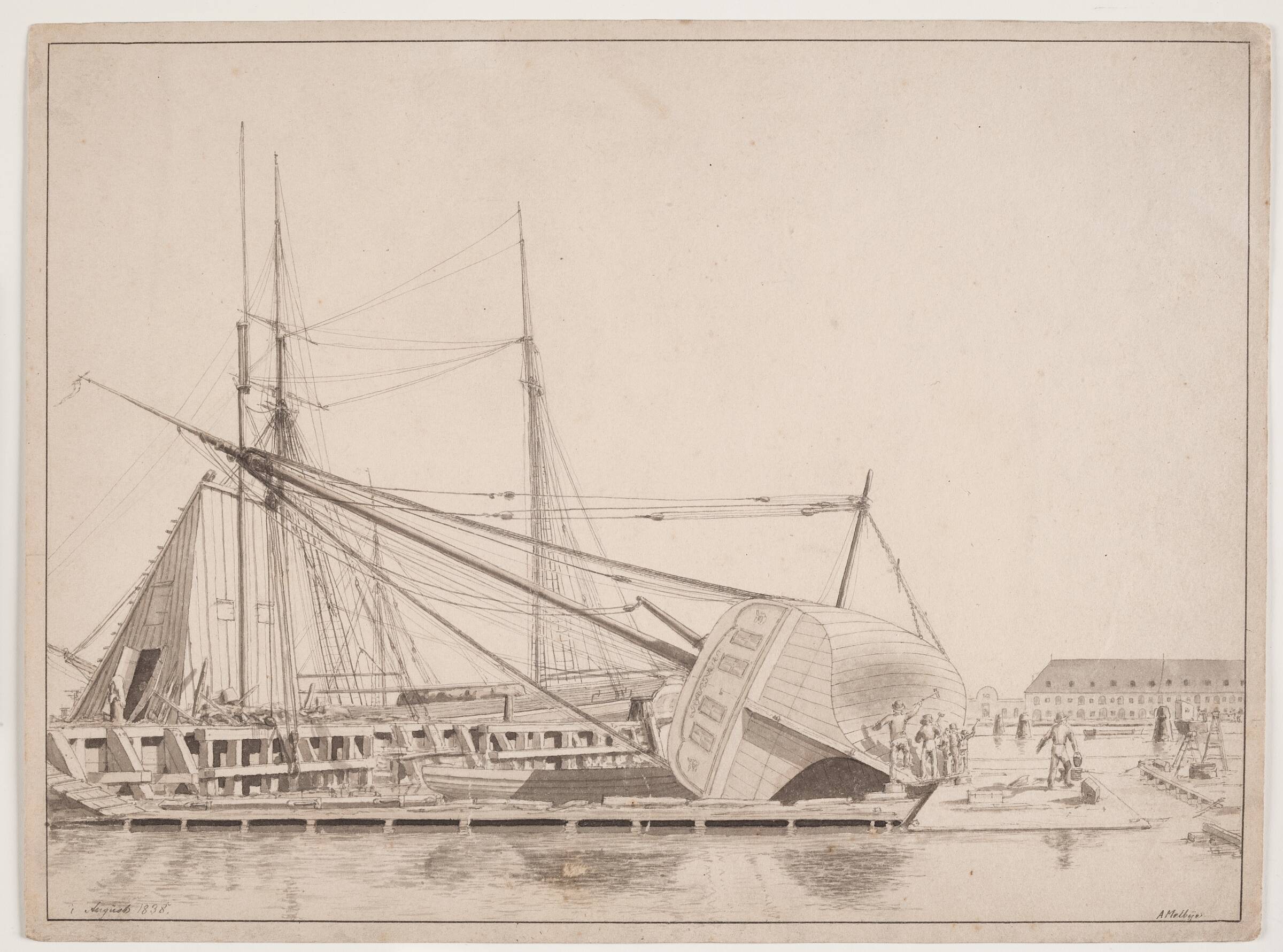 Værftsscene. Københavns havn, Anton Melbye, 1838