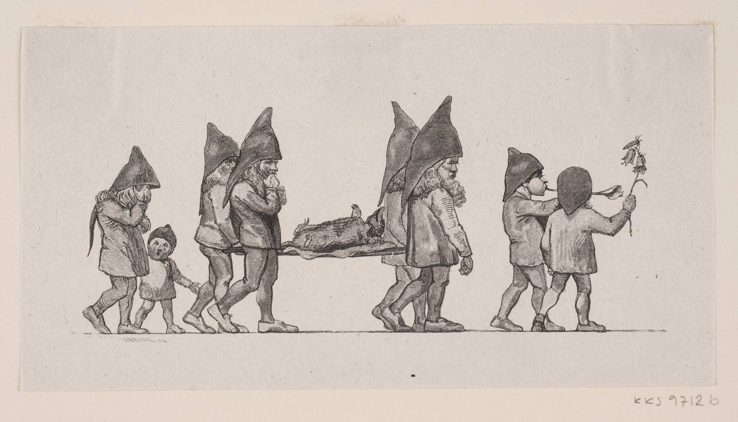Nisser bærer en død muldvarp på en båre, Waldemar Bøhme, 1848-1926