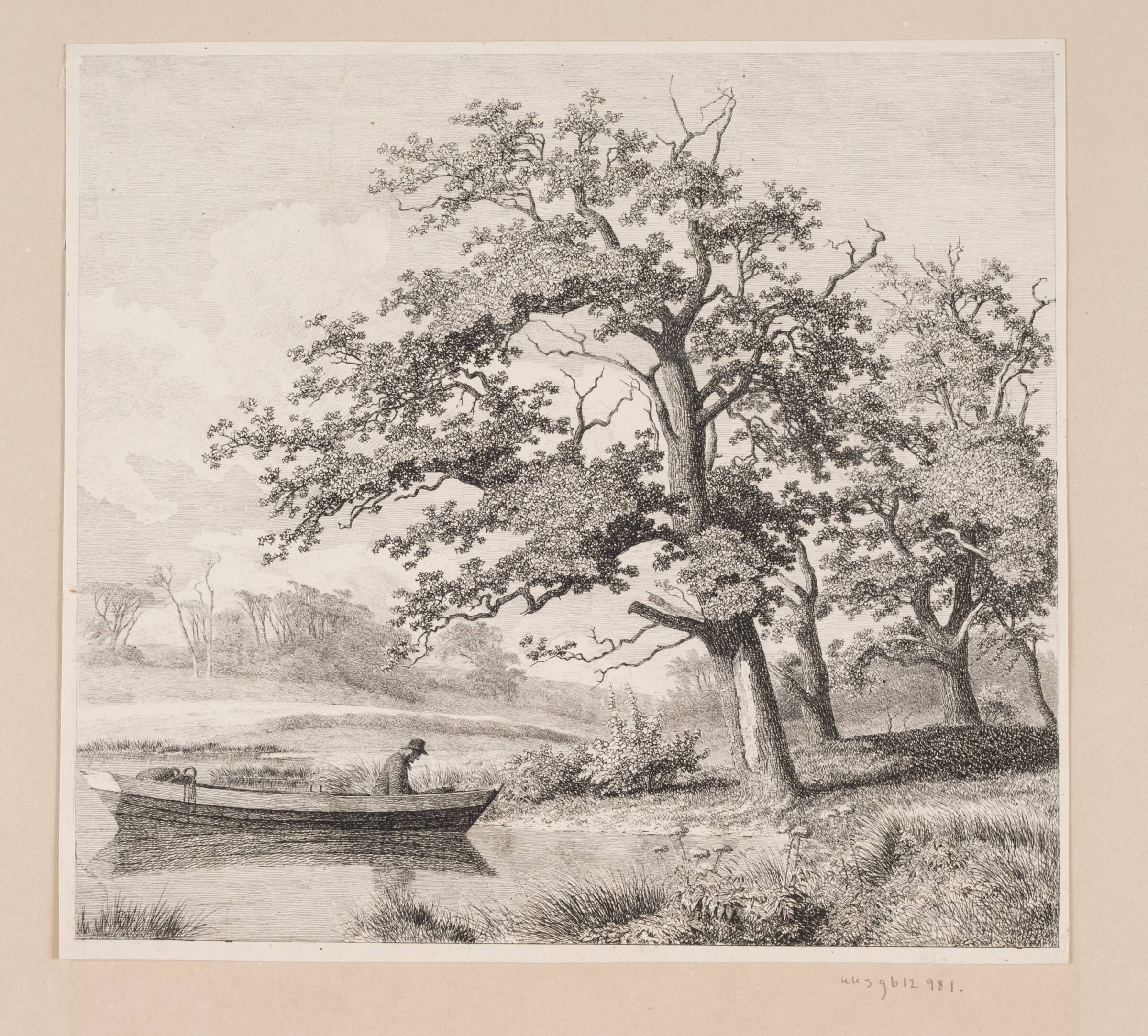 Landskab med Egetræer ved en sø, hvor man ser en gammel mand i en båd, Heinrich Buntzen, 1859