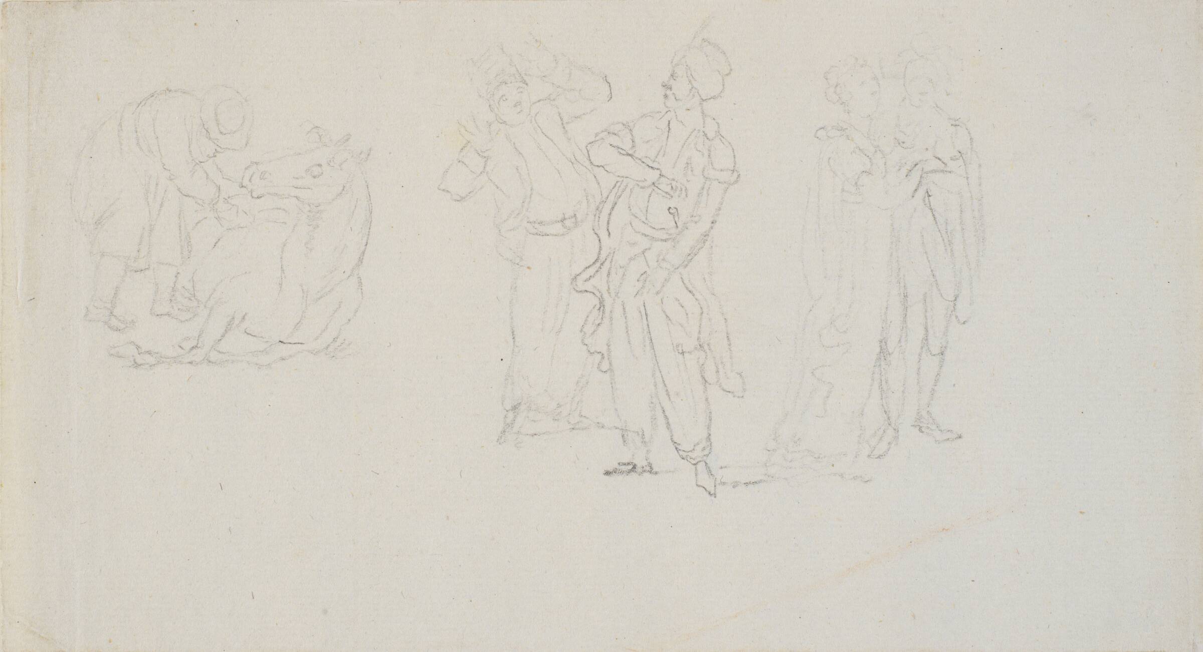 Tre figurgrupper: Mand og liggende hest. To orientalere. To kvinder, C.A. Lorentzen, 1746-1828