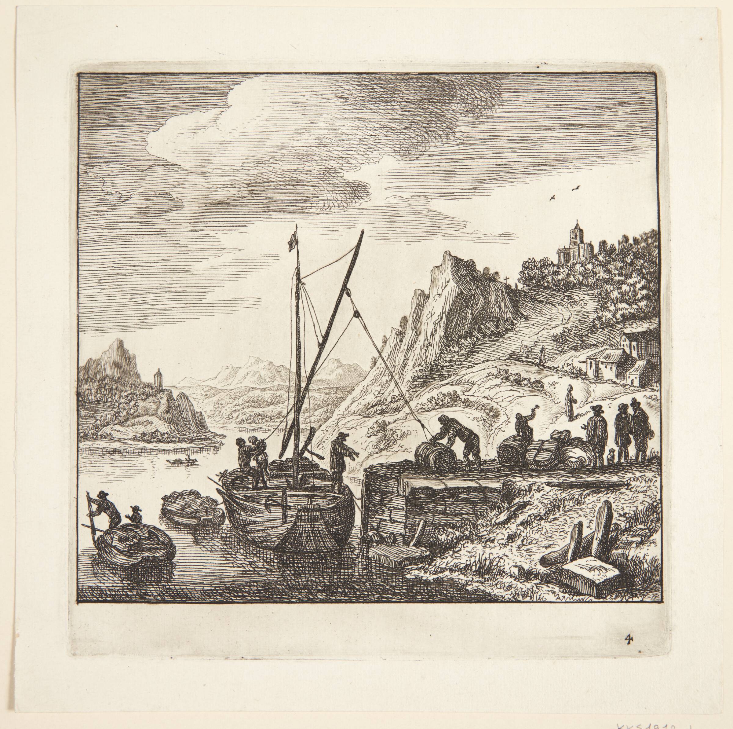 Prospekt af Rhinen, t.h. et anløbssted med en sejlbåd, der lastes, Jan van Almeloveen, 1652-1683