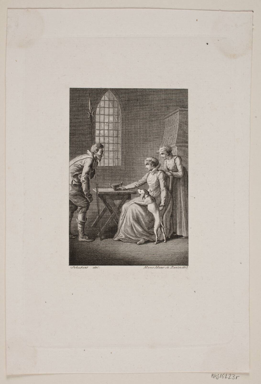Illustration med en vægter foran en siddende og en stående kvinde, by Meno Haas, 1803