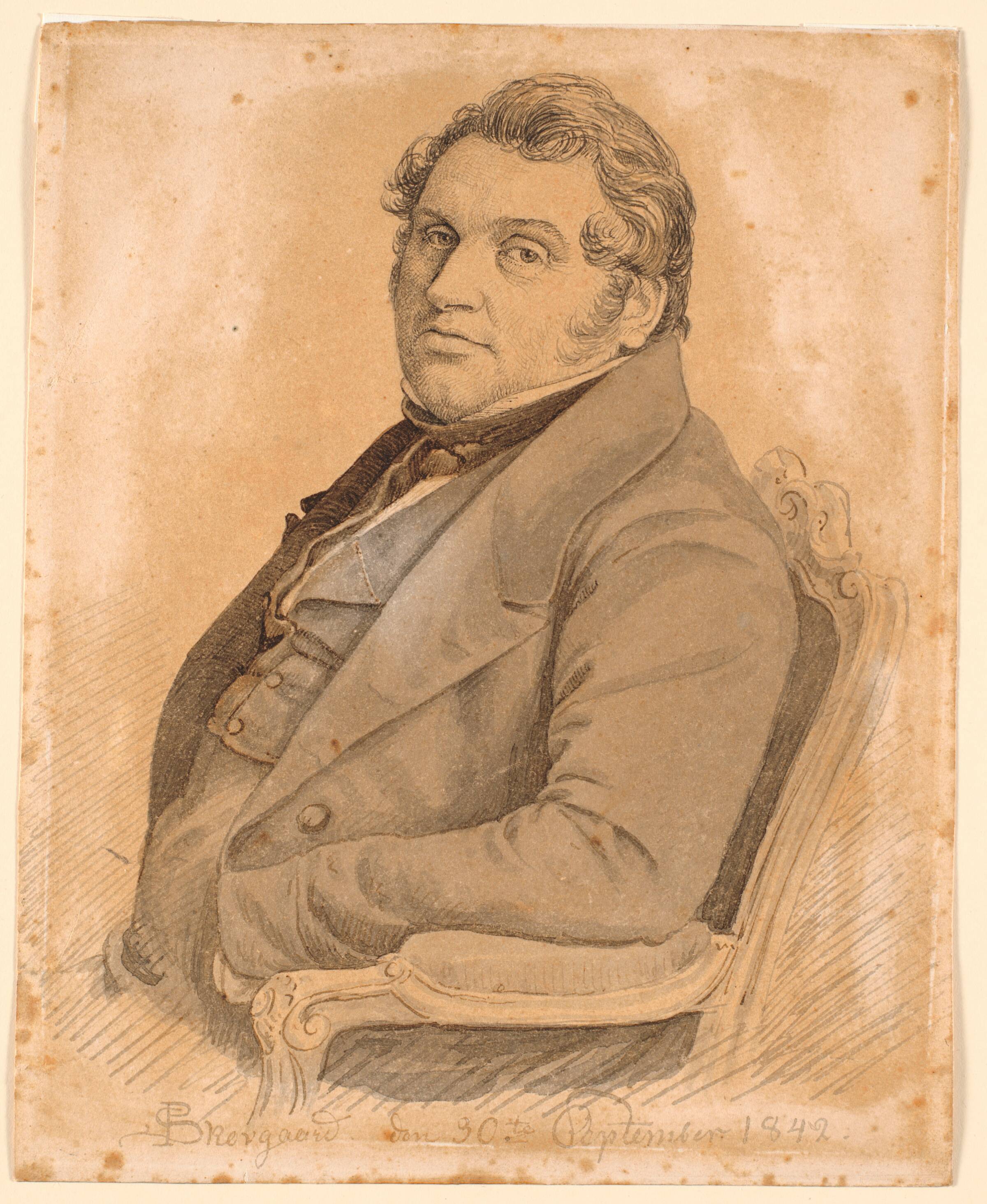 Portræt af en siddende, korpulent mand i halvfigur, trekvart profil mod venstre, P.C. Skovgaard, 1842