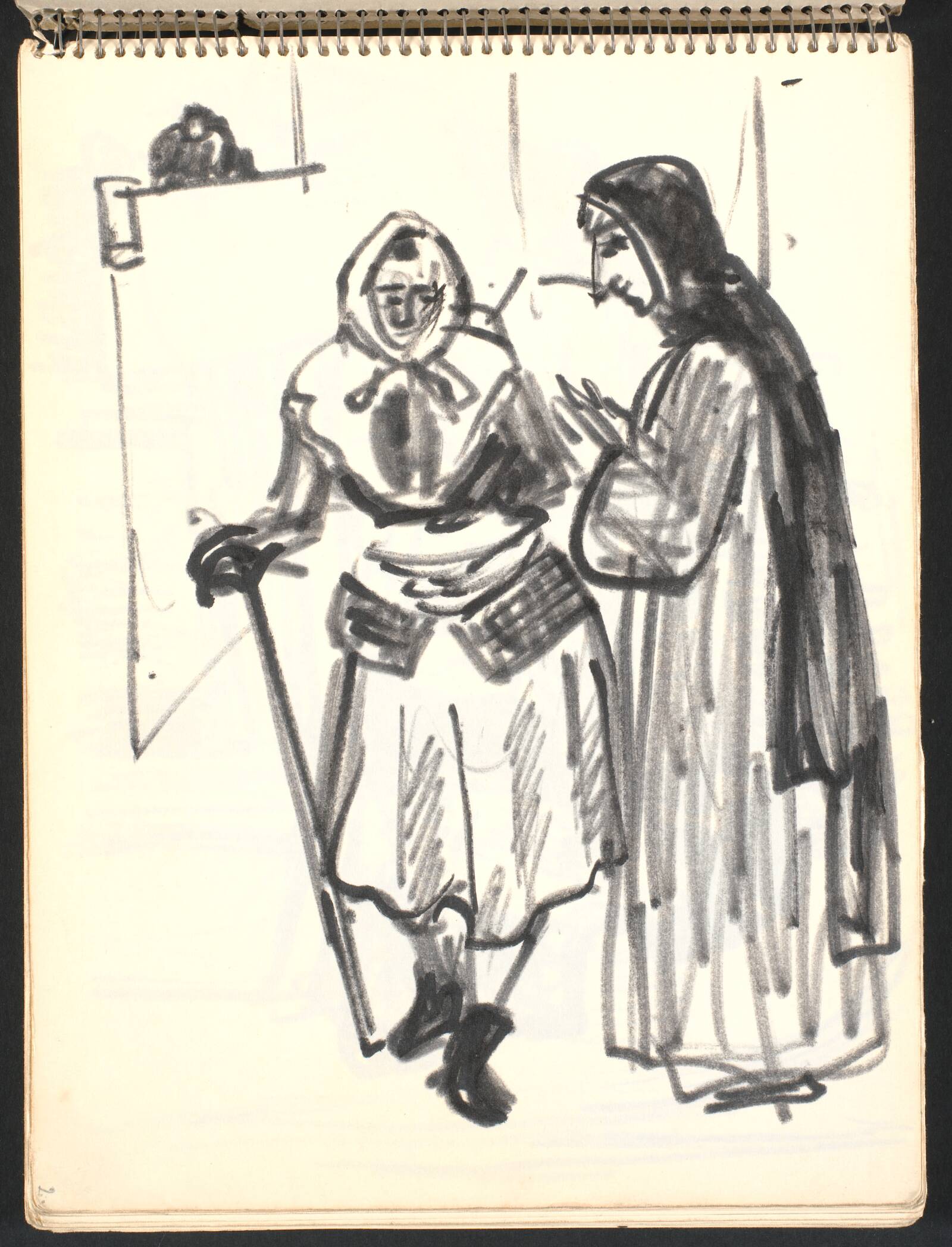 Figurstudier, gadescene. Kone med stok, nonne, Gottfred Eickhoff, 1952