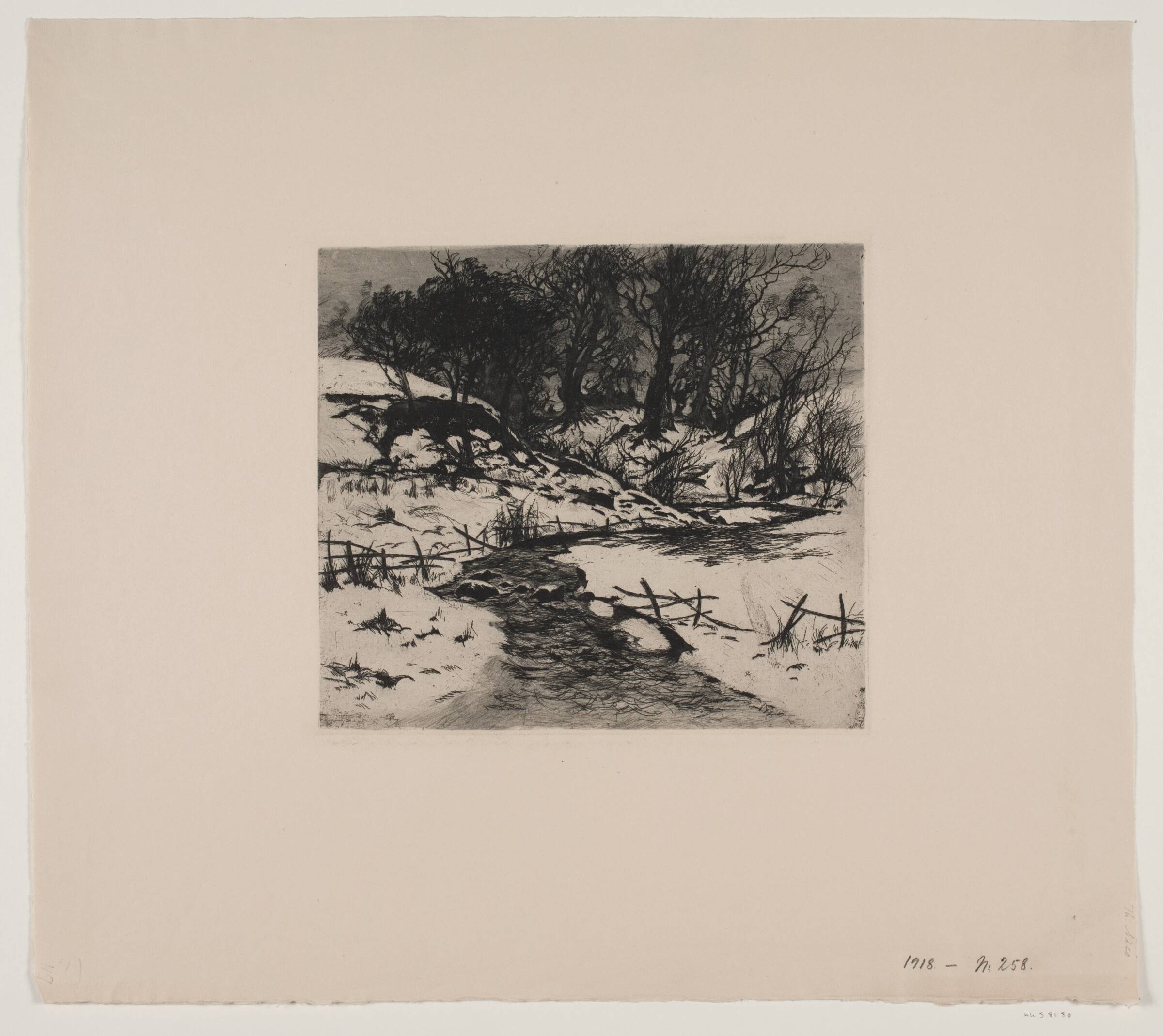 Vinter vandløb ved en skov, Thorvald Niss, 1842-1905