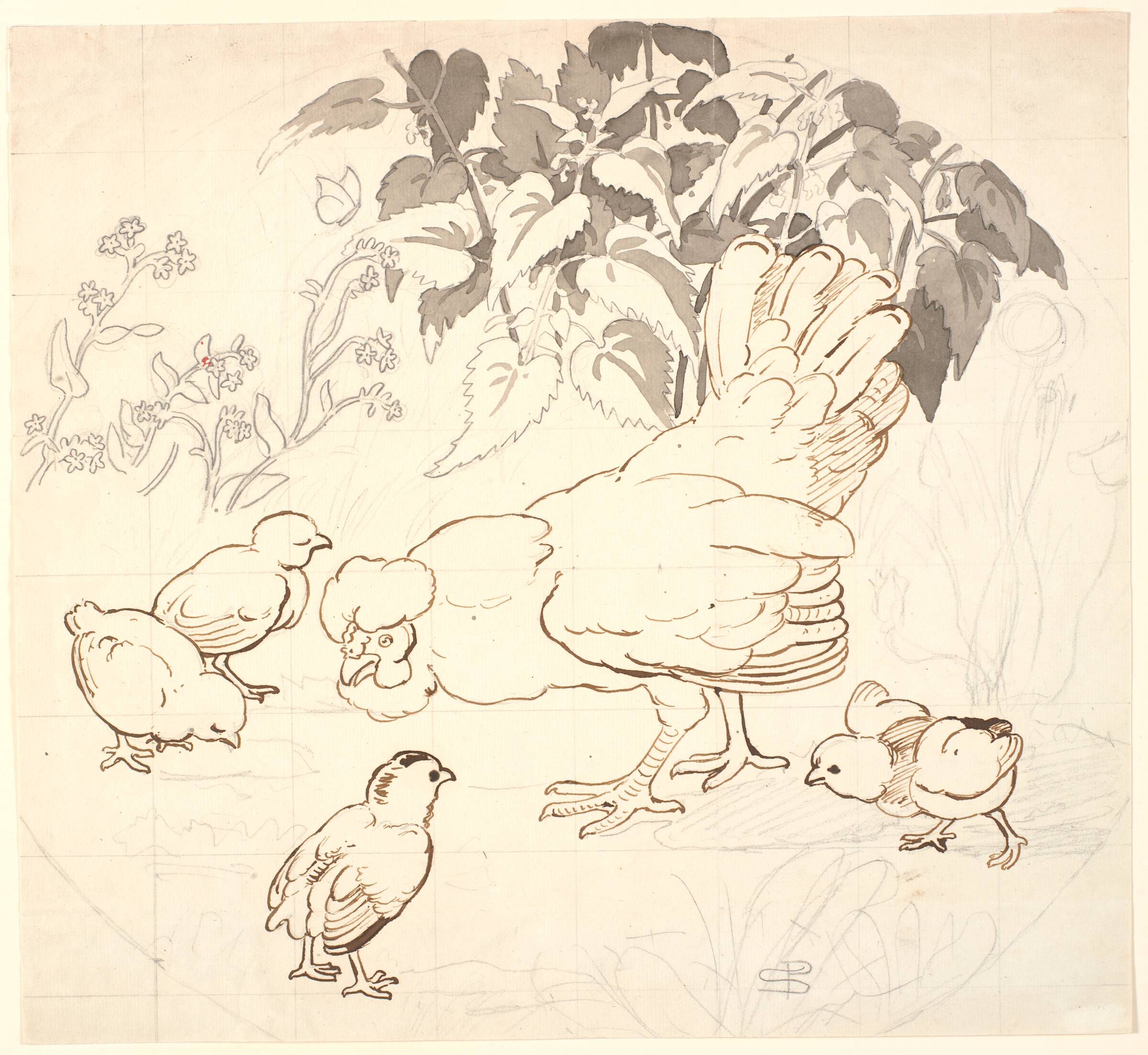 Høne med sine kyllinger i en cirkulær komposition., P.C. Skovgaard, 1817-1875