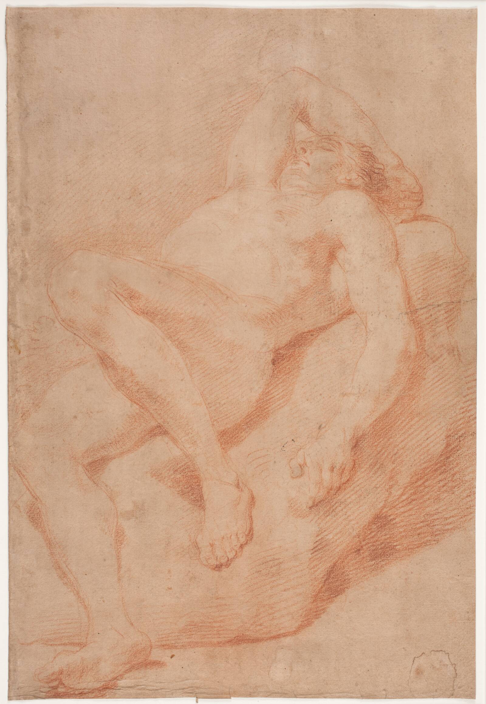 Mandlig modelstudie, halvtliggende, Hendrik Krock, 1671-1738