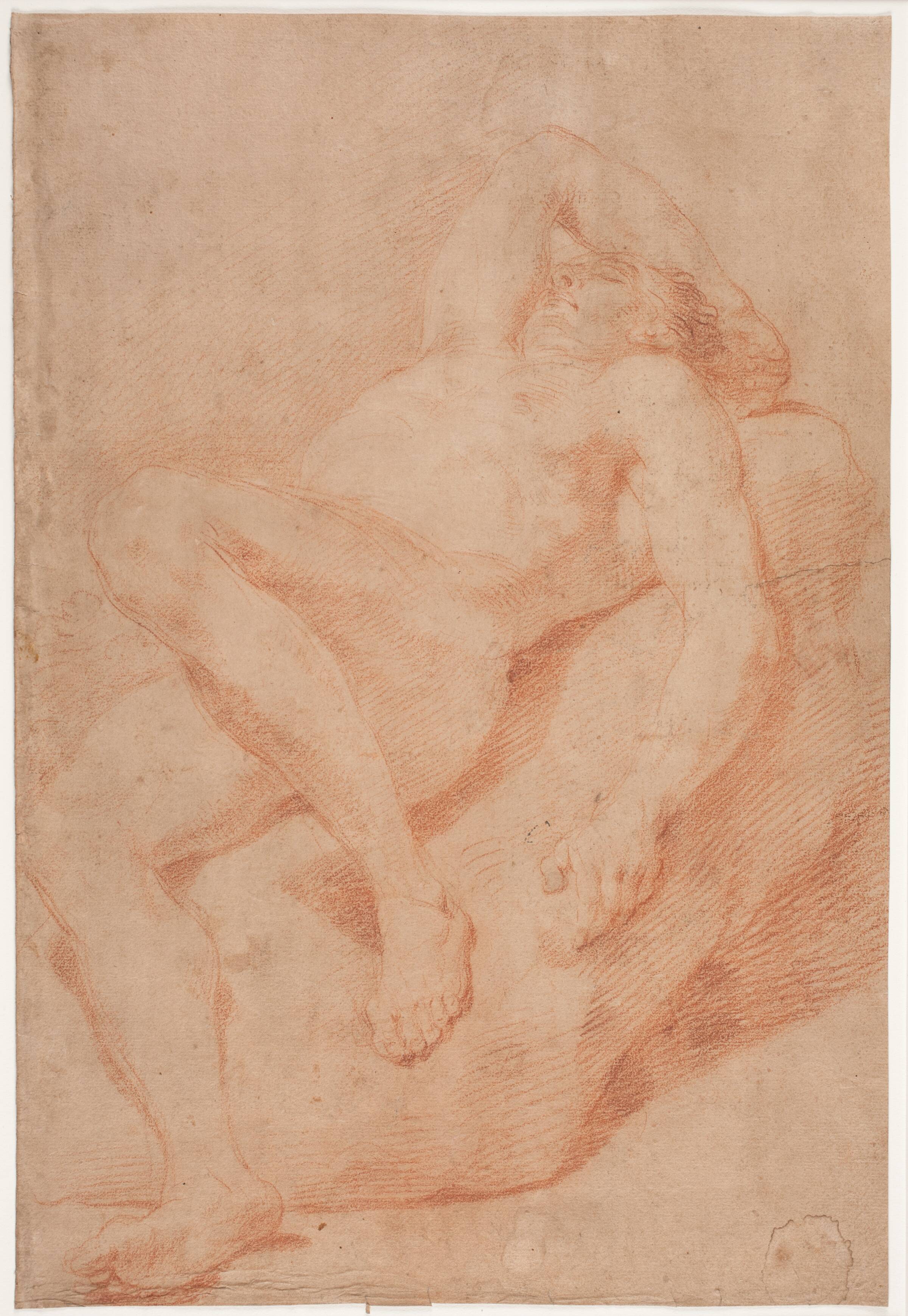 Mandlig modelstudie, halvtliggende, Hendrik Krock, 1671-1738