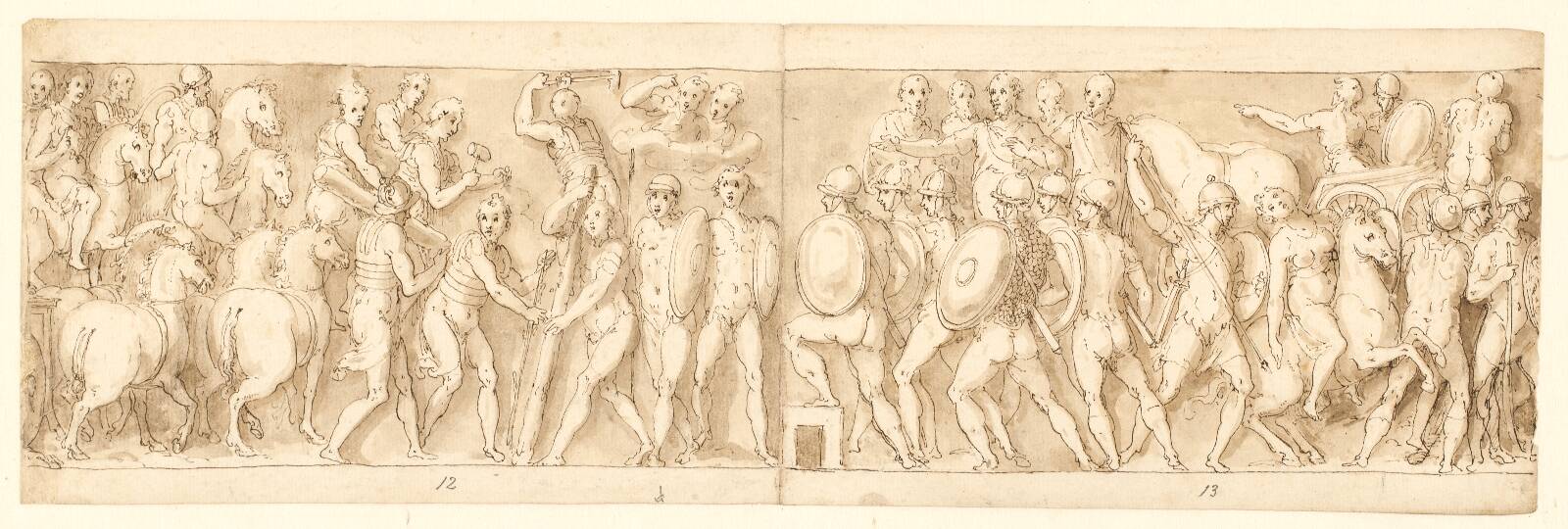 End of a march by the emperor with his legionaries and guards (end of XCIII); the Romans building a camp (beginning of XCIV); the Romans on a march with the emperor (XXXV / XXXVI), by Giovanni Guerra, 1544-1618