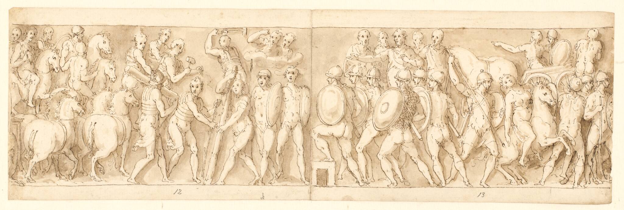 Bagerste del af kejserens og hans legionærer og garde på march; romerne opfører en lejr; romerne og kejseren på march
