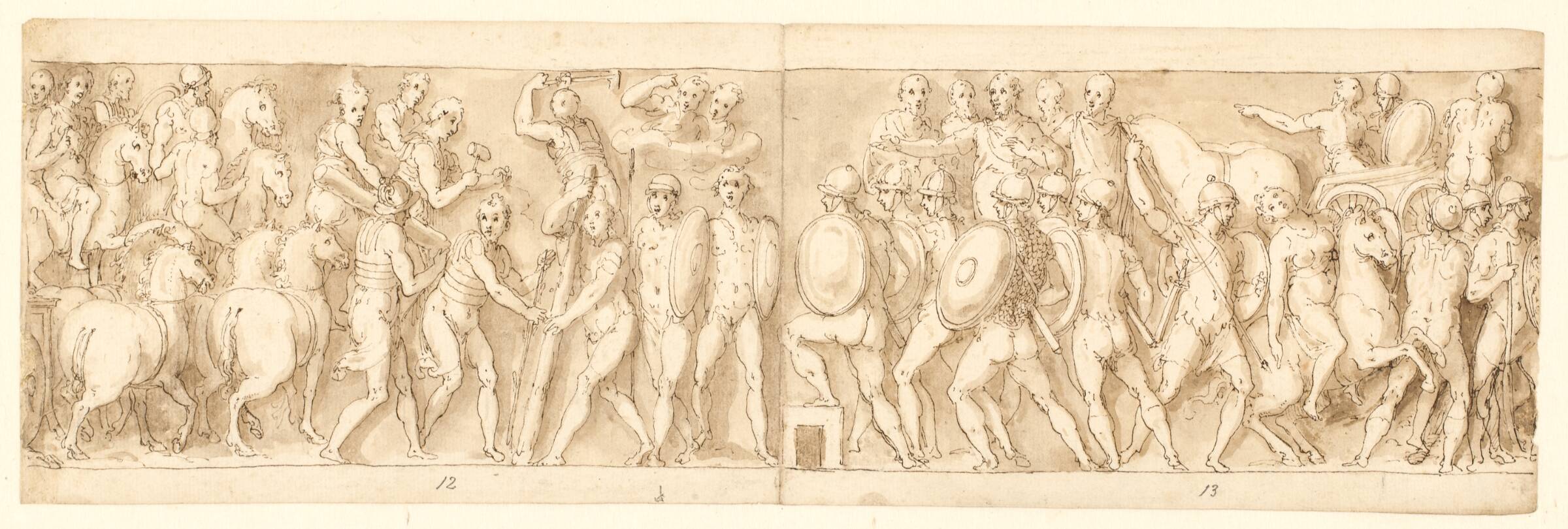 Bagerste del af kejserens og hans legionærer og garde på march; romerne opfører en lejr; romerne og kejseren på march, Джованни Гуэрра, 1544-1618