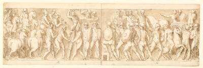 Bagerste del af kejserens og hans legionærer og garde på march; romerne opfører en lejr; romerne og kejseren på march
