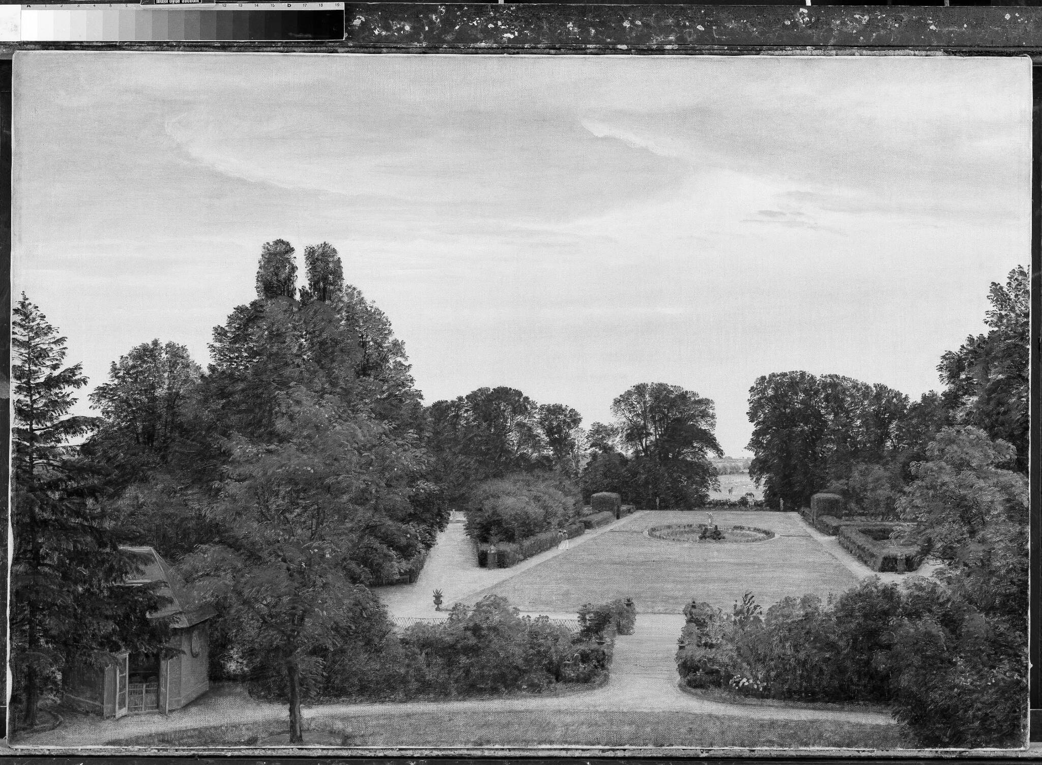 Parken ved Nysø. Til venstre Thorvaldsens atelier, 1865, P.C. Skovgaard ...