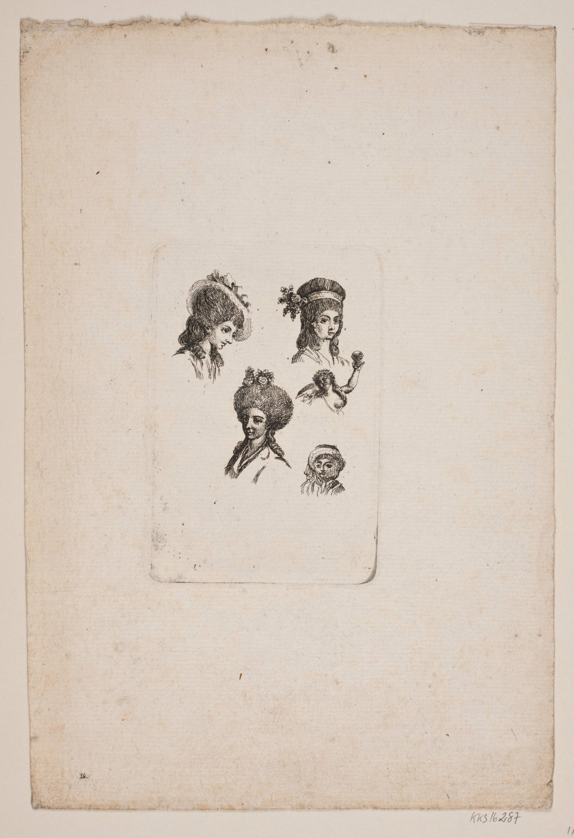 Prøveblad med fem kvindehoveder, Gerhard Ludvig Lahde, 1787