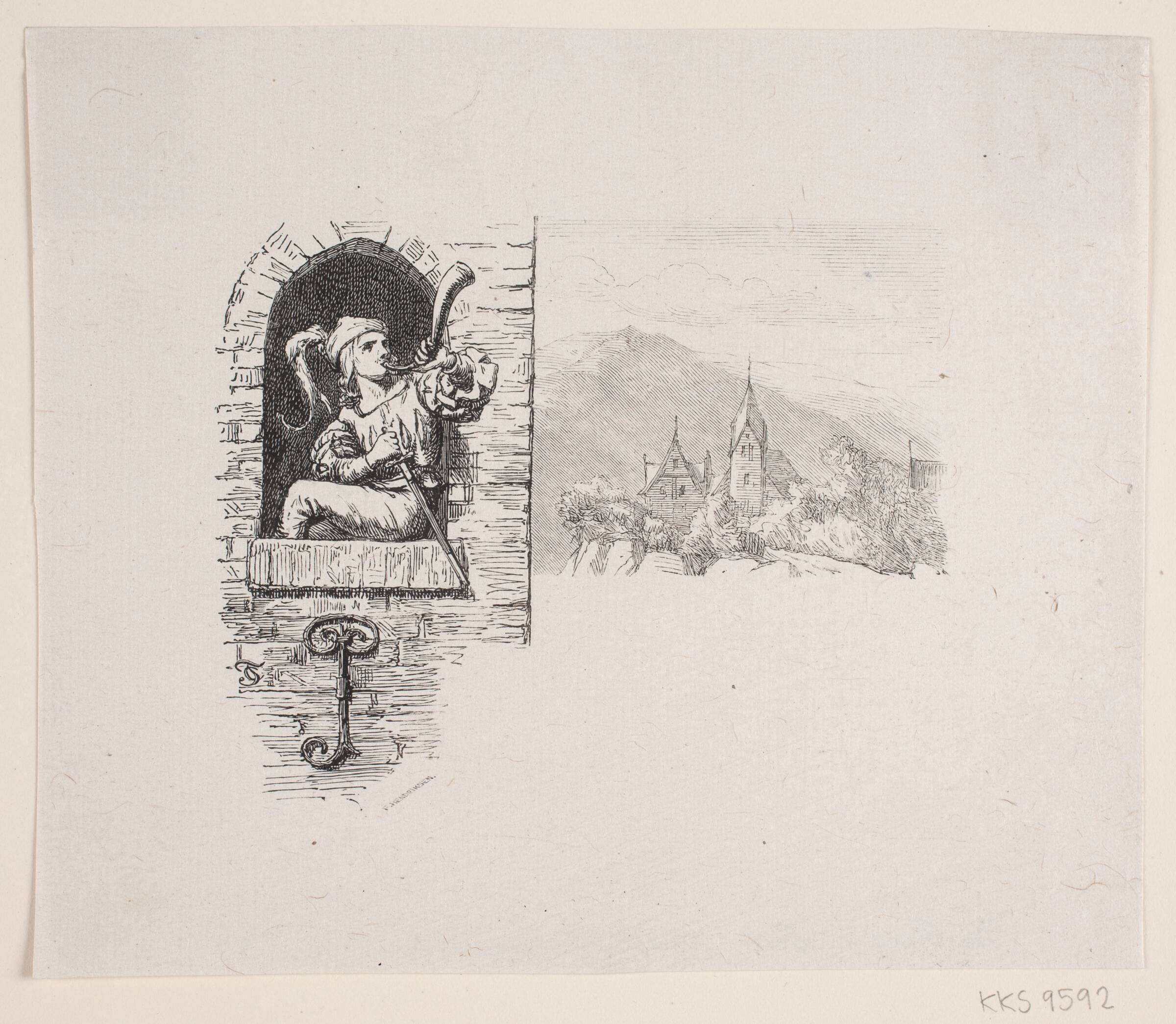 Vignet til J. P. Jacobsens Digt, "Pagen højt paa Taarnet sad", F. Hendriksen, 1847-1875