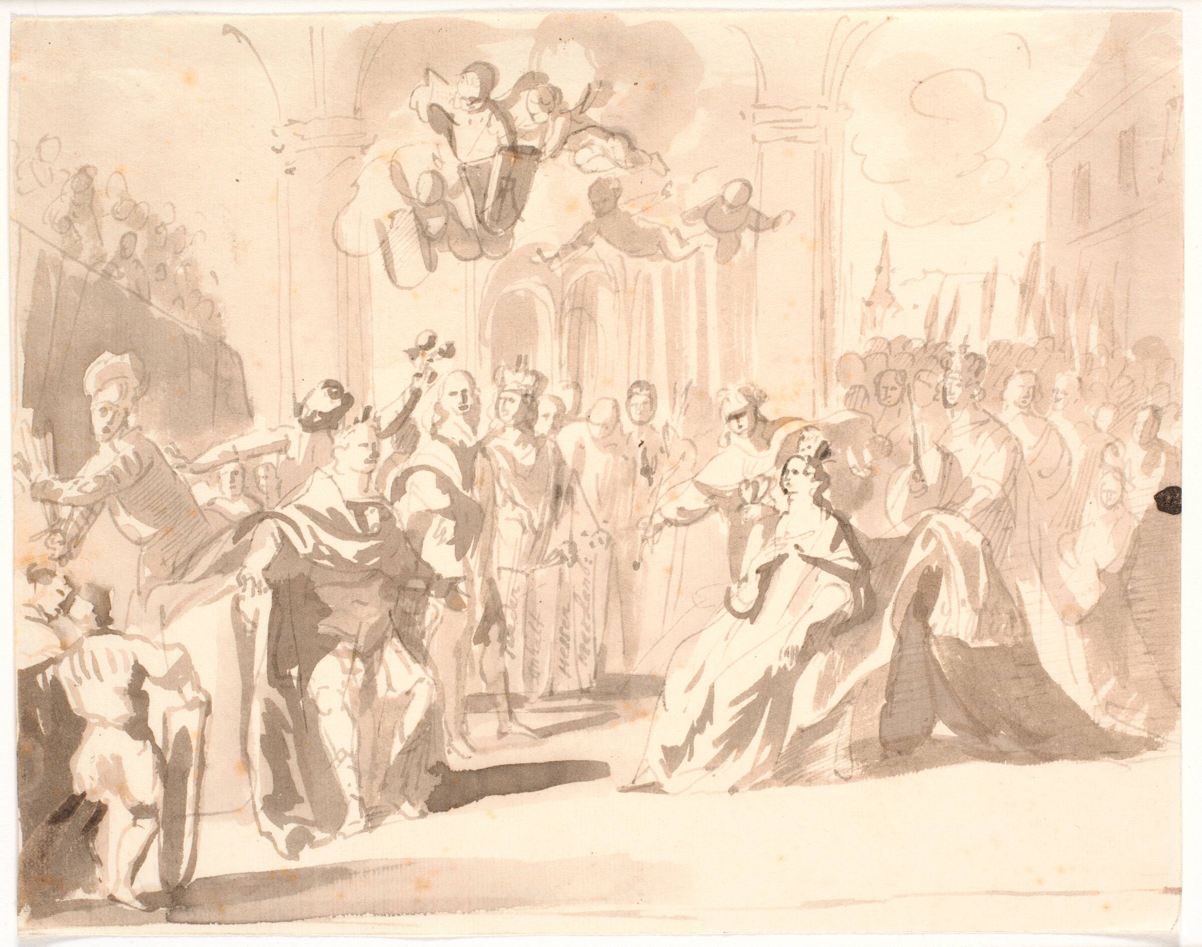 Hertug Frederik III af Gottorp med gemalinde som grundlæggere af fire kongelige og fyrstelige huse, Jürgen Ovens, 1654-1754