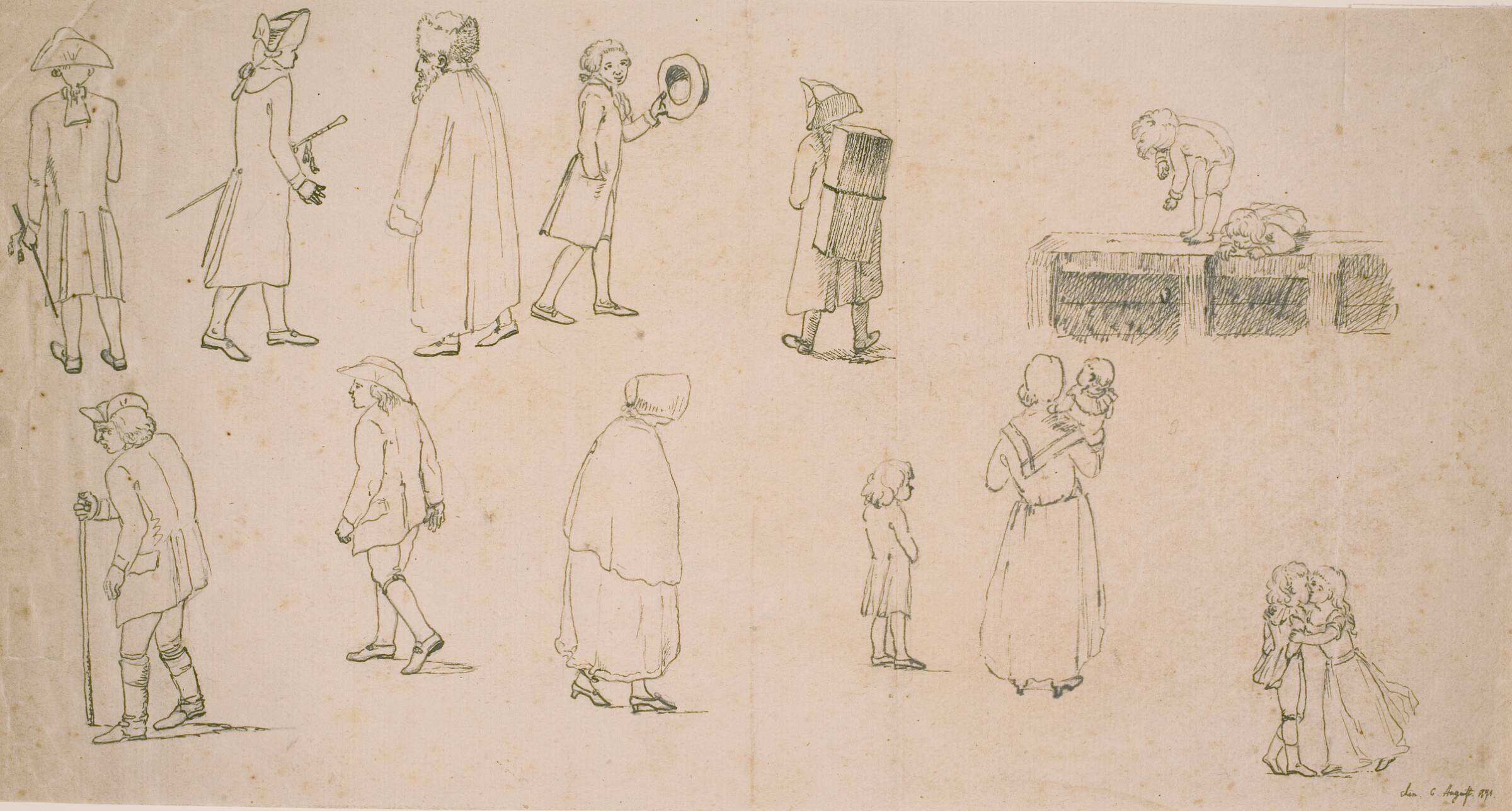 Forskellige figurer, bl.a. 2 grupper med legende børn samt "portrætmaler Hansen", C.D. Fritzsch, 1791