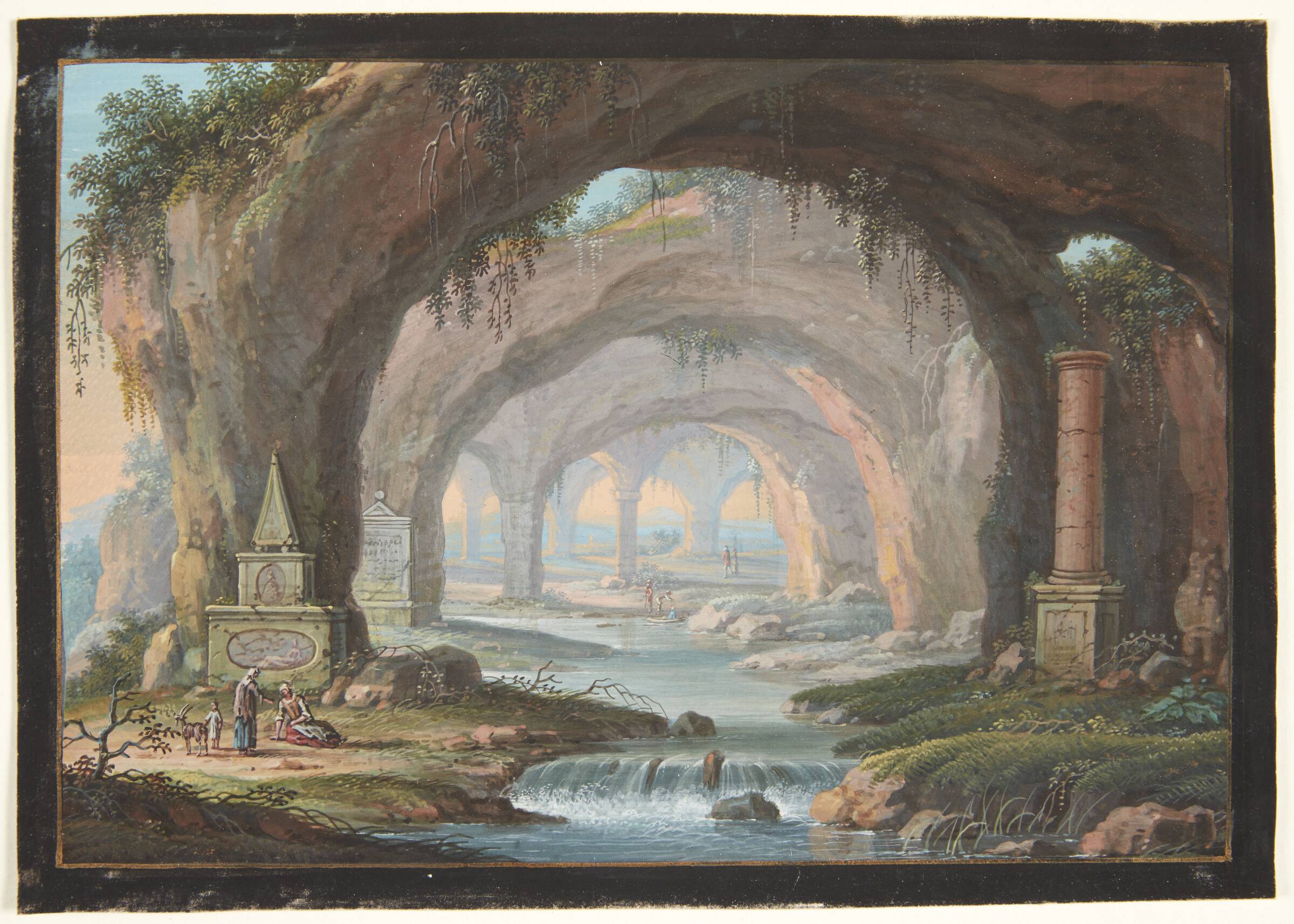 Landskab med gennembrudte grotter, gravmonumenter, en flod og figurer, Barbara Dietzsch, 1700-1799