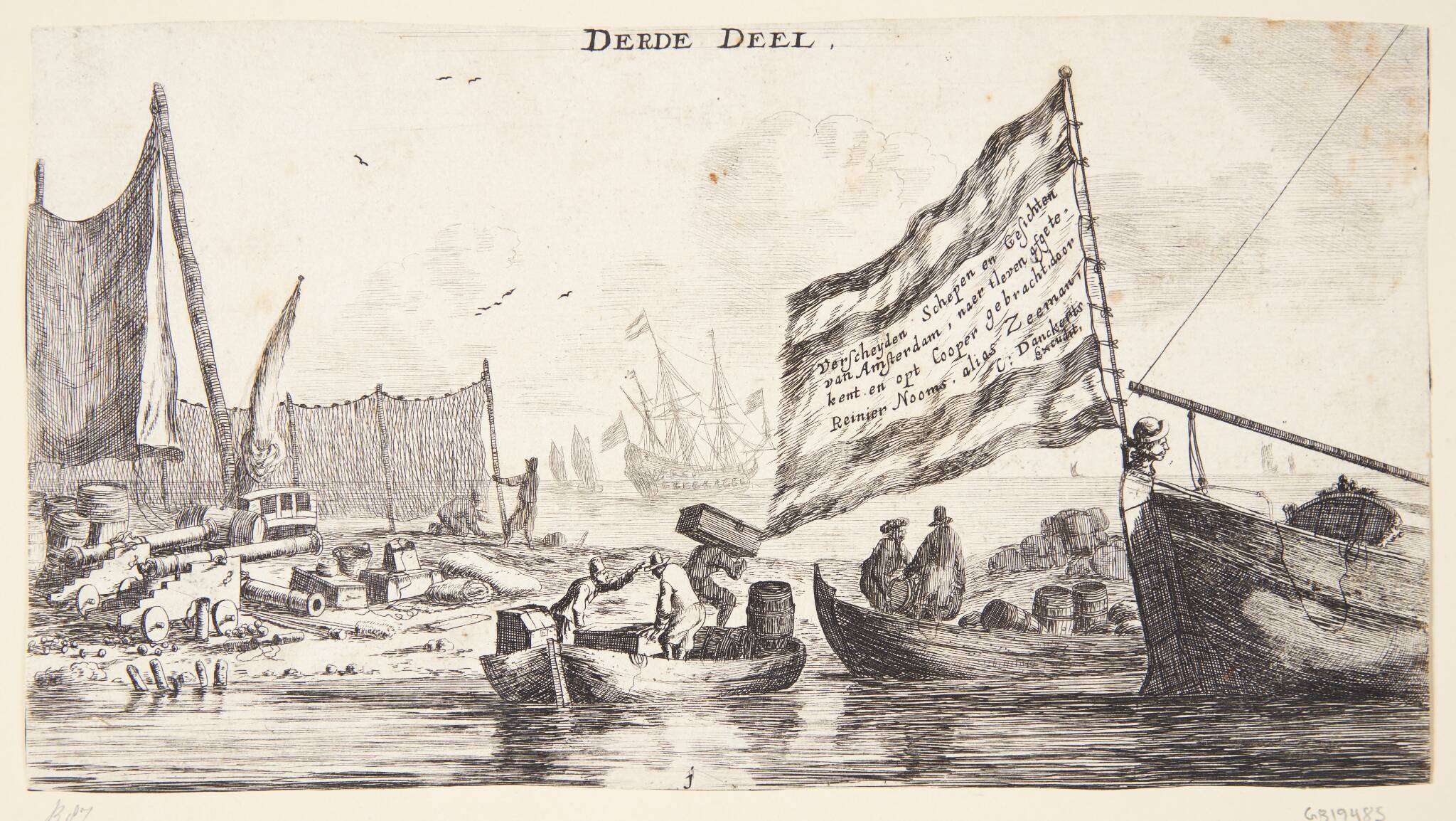 En landingsplads med fiskernet og kanoner. Titelblad til "Forskellige skibe og udsigter fra Amsterdam (III)"